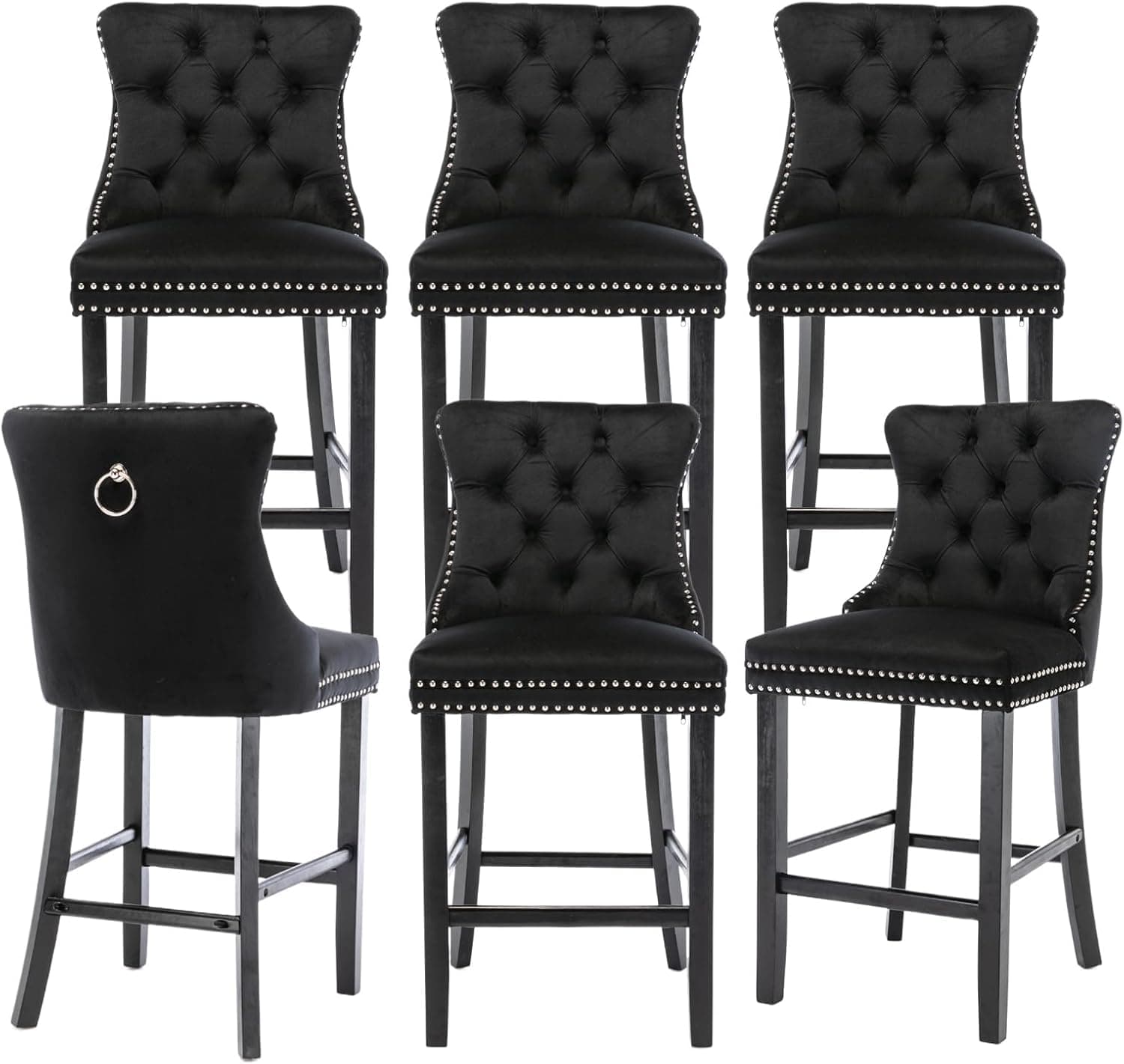 SoarTalent Velvet Upholstered Bar Stools Set of 6 with Back and Wood Legs, Metal Pulling Ring, Armless Counter Height Barstools for Kitchen Island, Pub(Black)