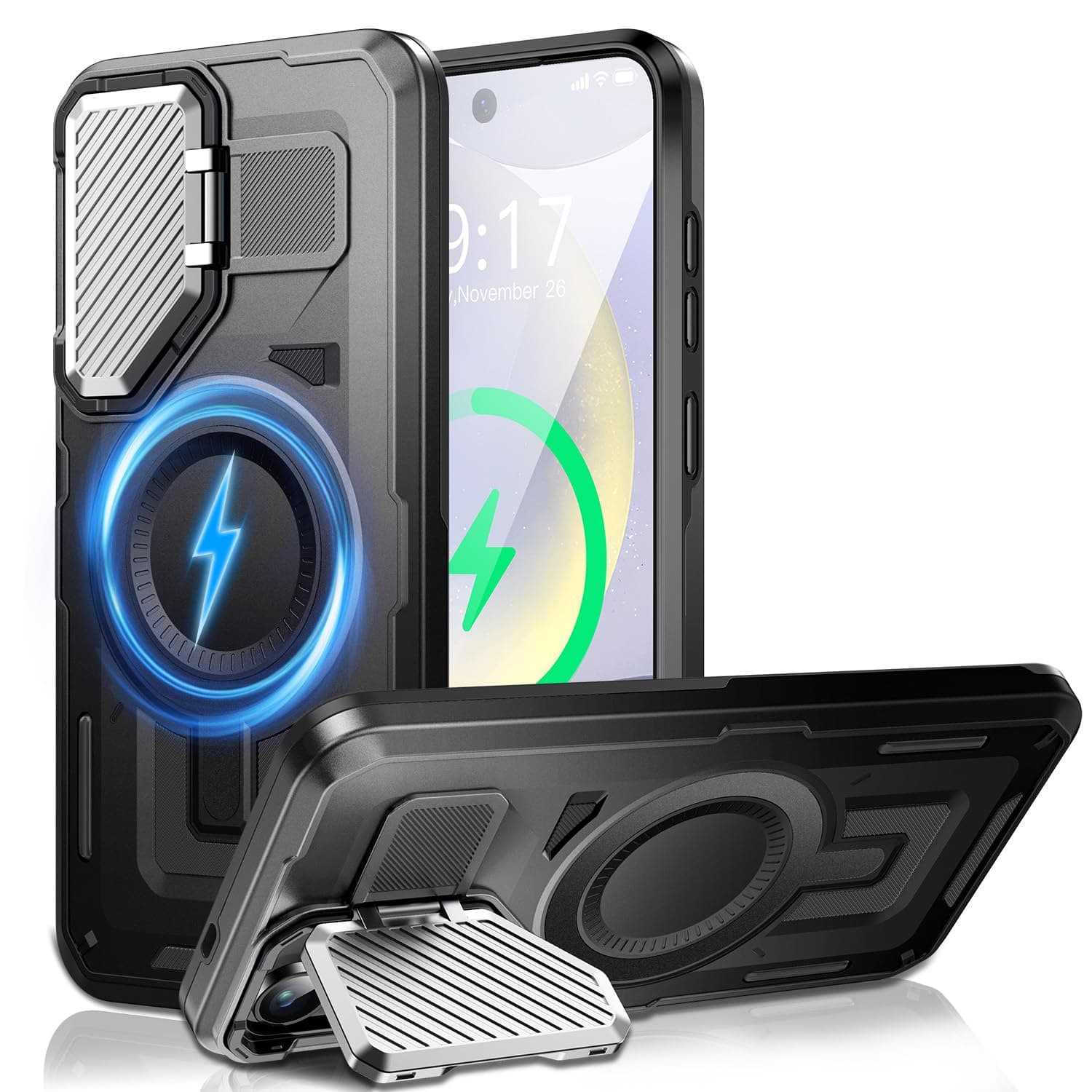 Camera Stand Case for Galaxy S24 Plus/S25 Plus, [Compatible with MagSafe][Lens Cover] 2024 Version Military Grade Protective Soft Case for Samsung Galaxy S24 Plus / S25 Plus 6.7" Men Women, Black