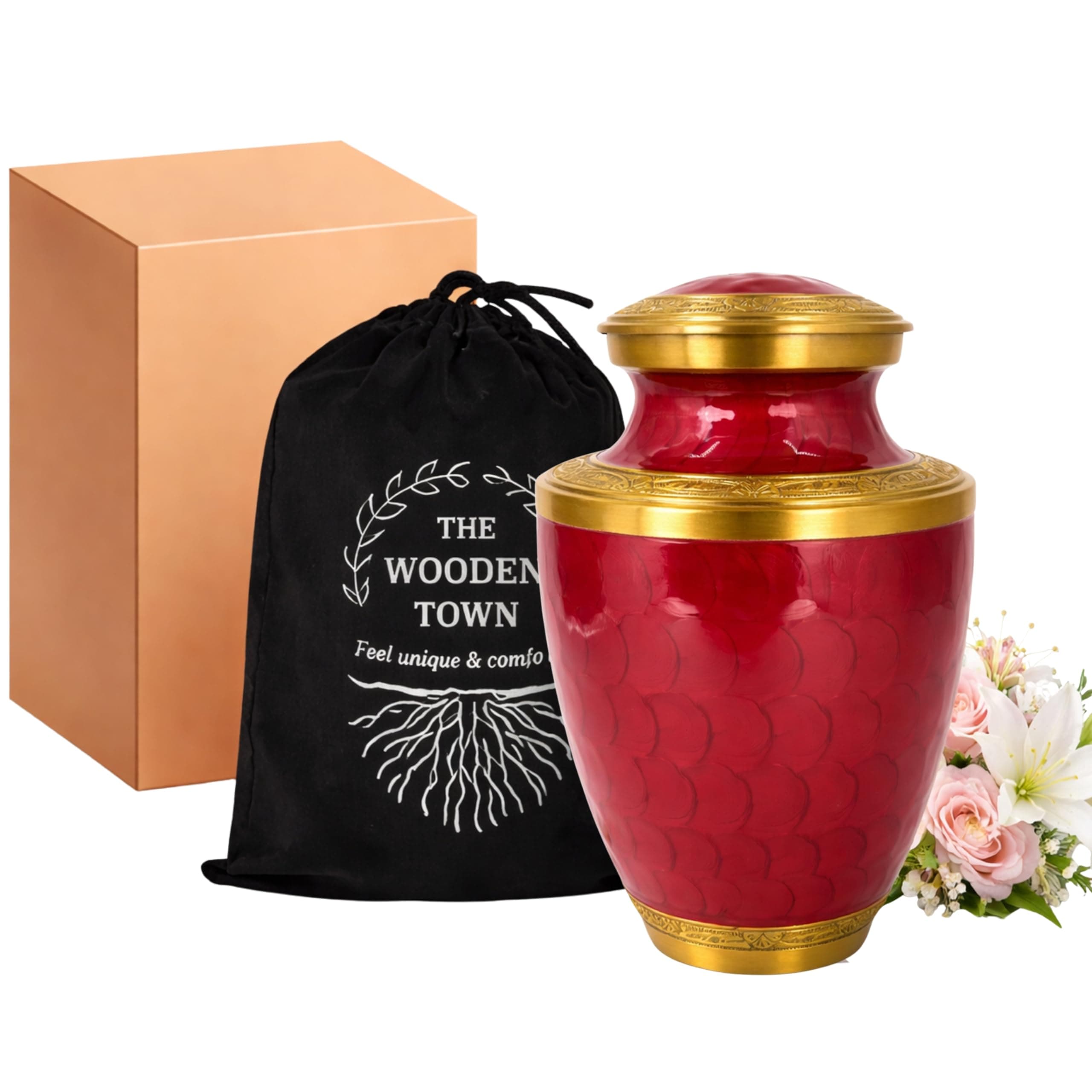 Creamation Urn for Human Ashes Adult Man/Women,Urn Human Ashes Adult Male/Female,200+ Cubic inch Capacity,Decorative Burial Urn, Funeral Cremation Urns_Trinity 10x6.5 Crimson Red Gold