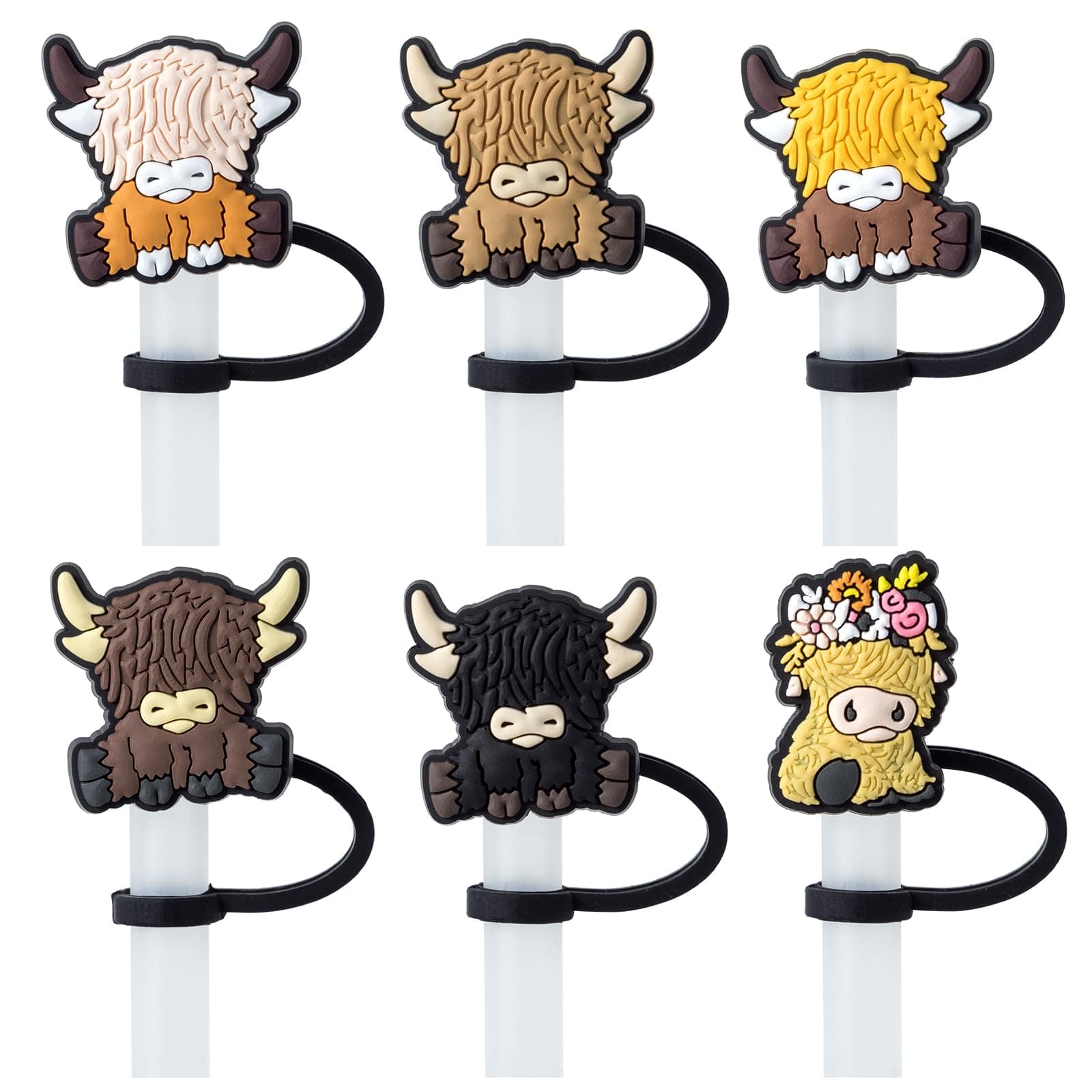 6Pcs Highland Cow Silicone Straw Cover Cap for Stanley Cup Decor, 10mm Reusable Cute Pink Drinking Straw Topper Accessories for, Portable Protector Plugs Decorations Gifts