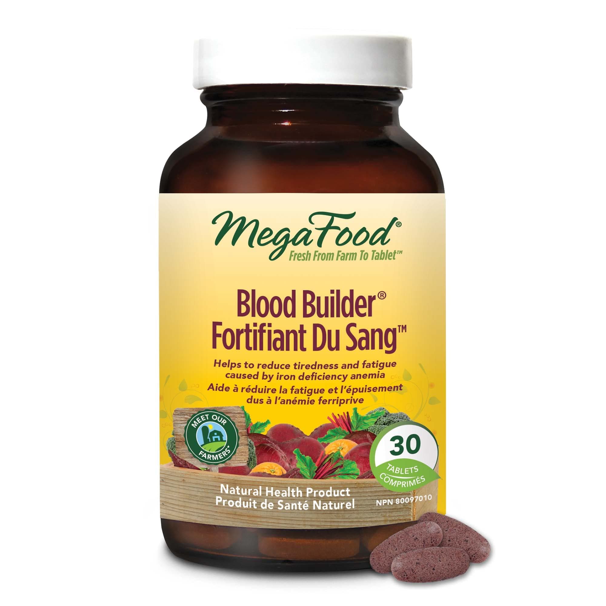 MegaFood Blood Builder - Vegan Iron Supplements with Vitamin C, Folic Acid, Vitamin B12, Beet Root - Iron Supplement for Anemia Prevention - 30 Tablets