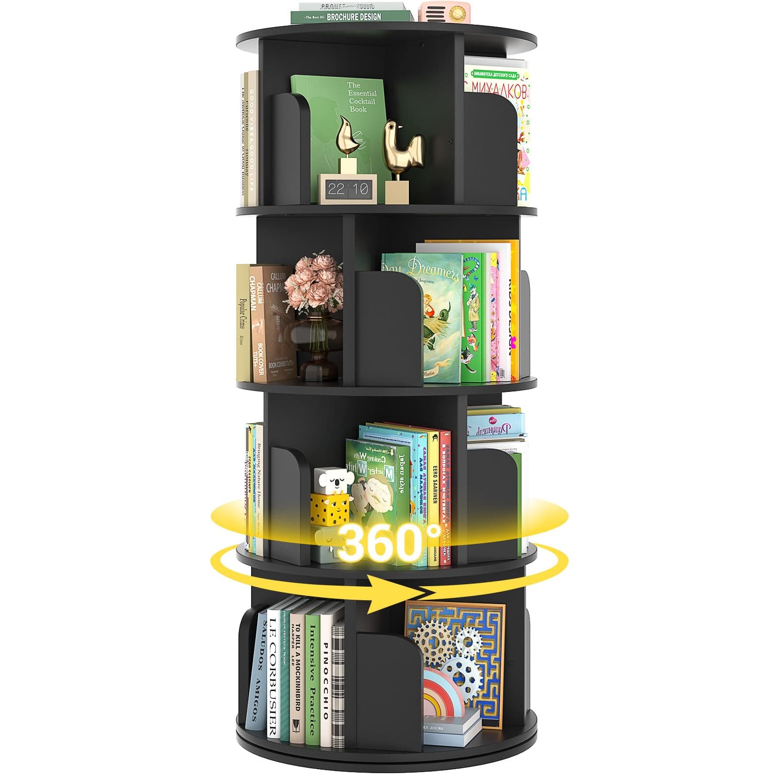 VERSAINSECT g Bookshelf, Wood Corner Bookshelf, 360 Display Spinning Bookcase Storage Rack, 4 Tier Floor Standing Revolving Bookcase Narrow Book Shelf Organizer for Small Space, Bedroom, Black