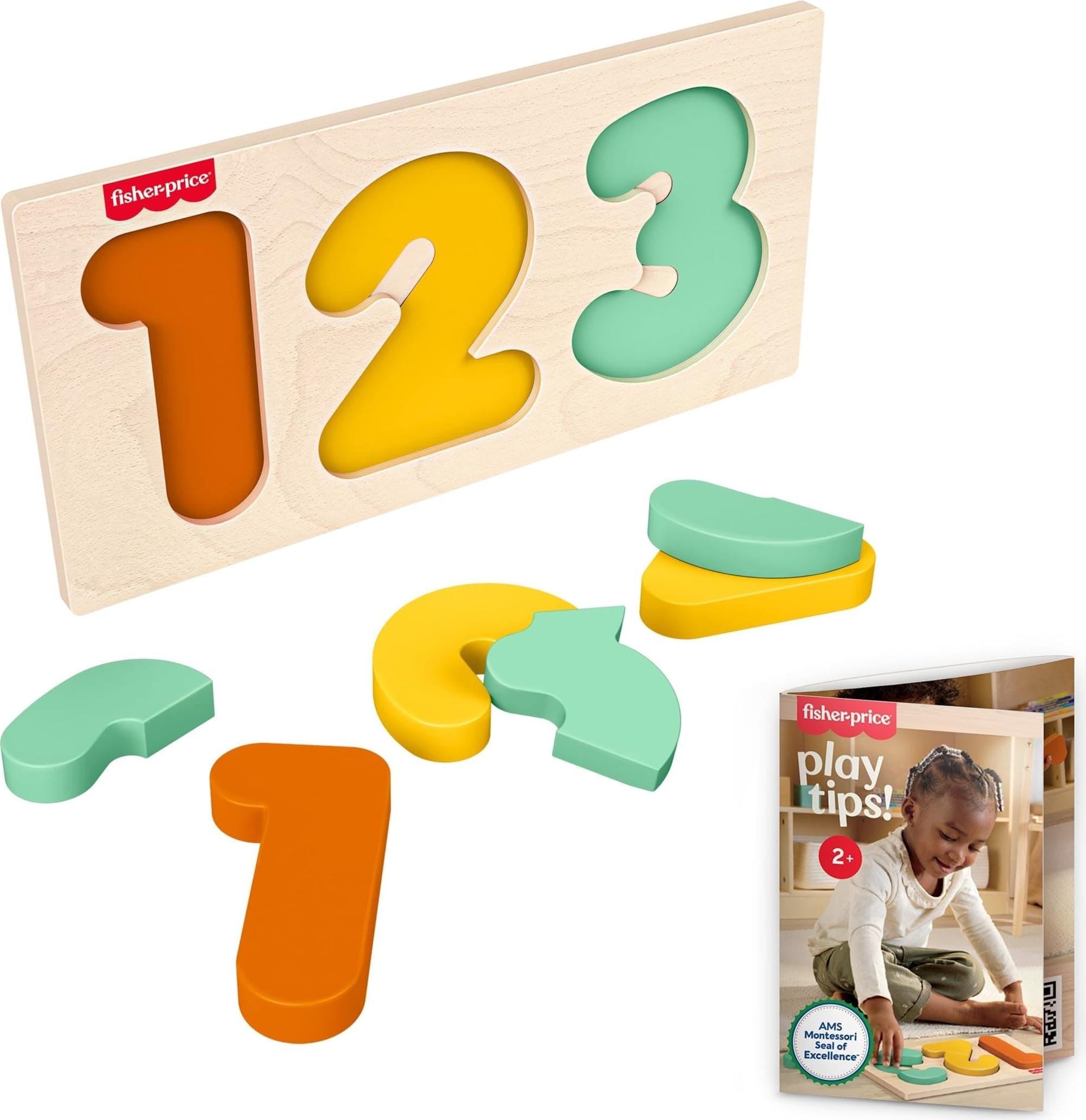 Fisher-Price Wood Montessori Toy 1-2-3 Puzzle, American Montessori Society Seal of Excellence, 6-Piece Wooden Learning Activity & Expert Play Tips for Toddlers & Kids Ages 2+ Years