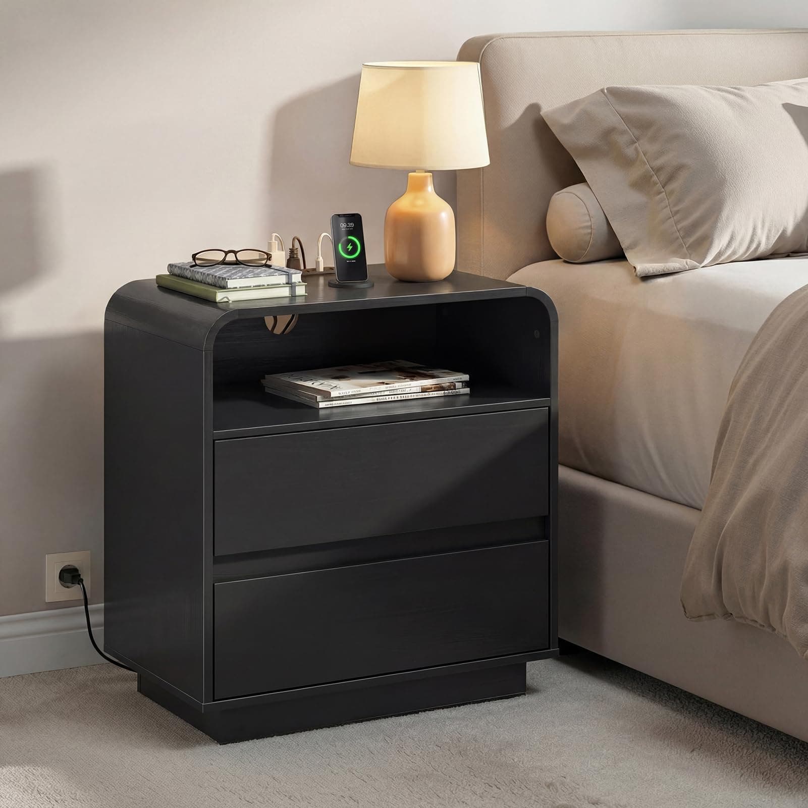 25" Tall Modern Nightstand with Charging Station & 2 Drawers (Black)