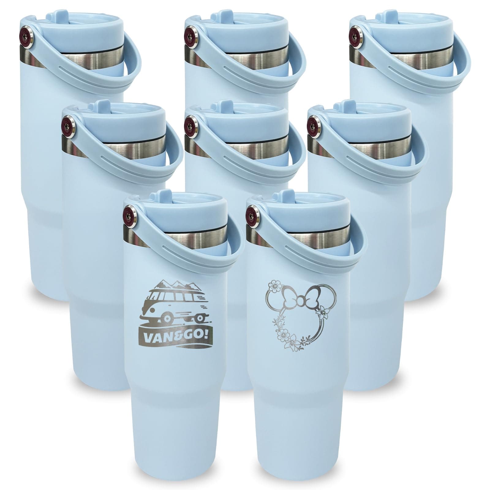 30 oz Tumbler Bulk with Top Handle, Flip Straw Water Bottles, Blue 8 pack