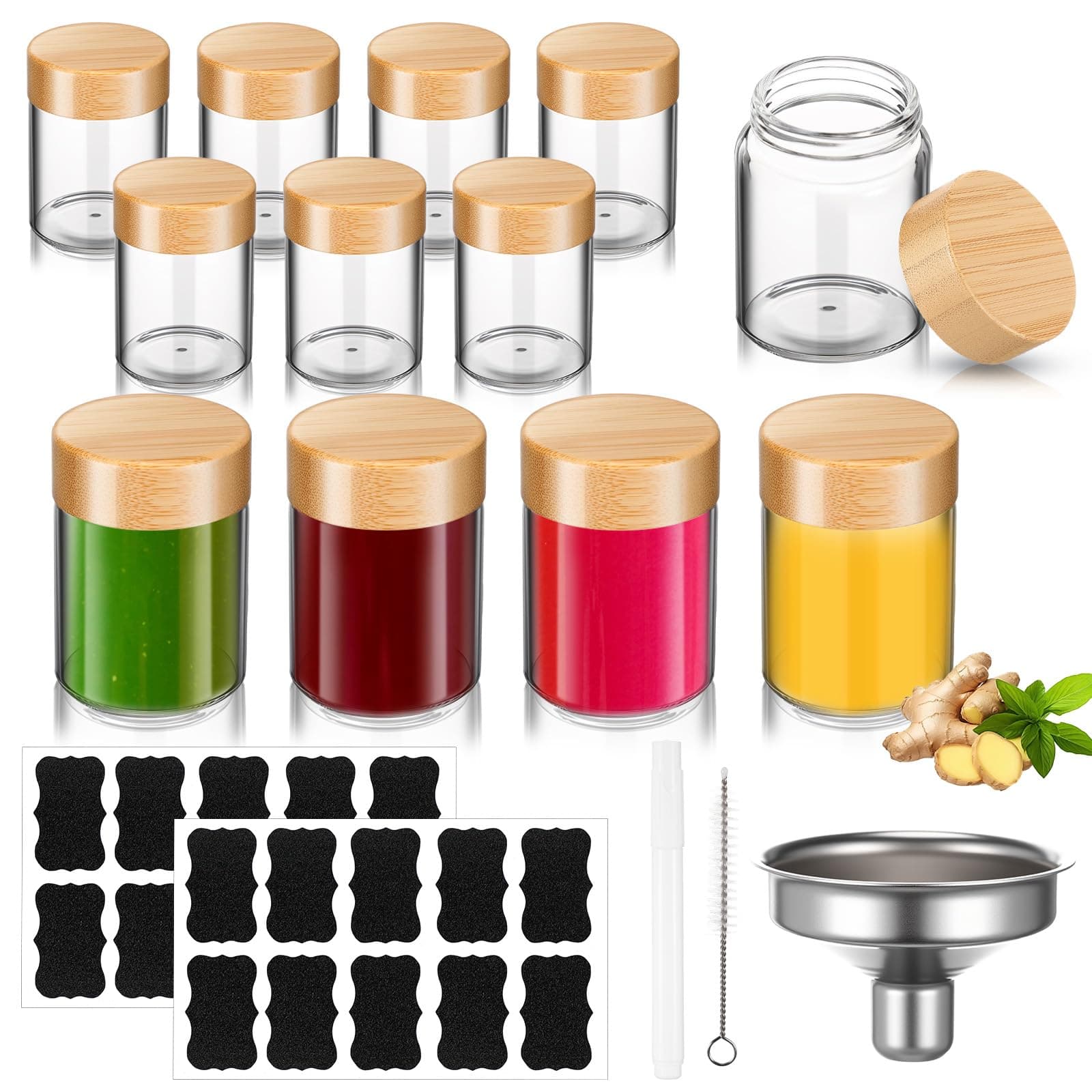 Baderke 12 Pcs 2 oz Glass Shot Bottles Reusable Mini Ginger Shots Bottles with Wood Lids Wide Mouth Small Glass Jars with Labels, Funnel, Pen and Brush for Ginger Juices Oils