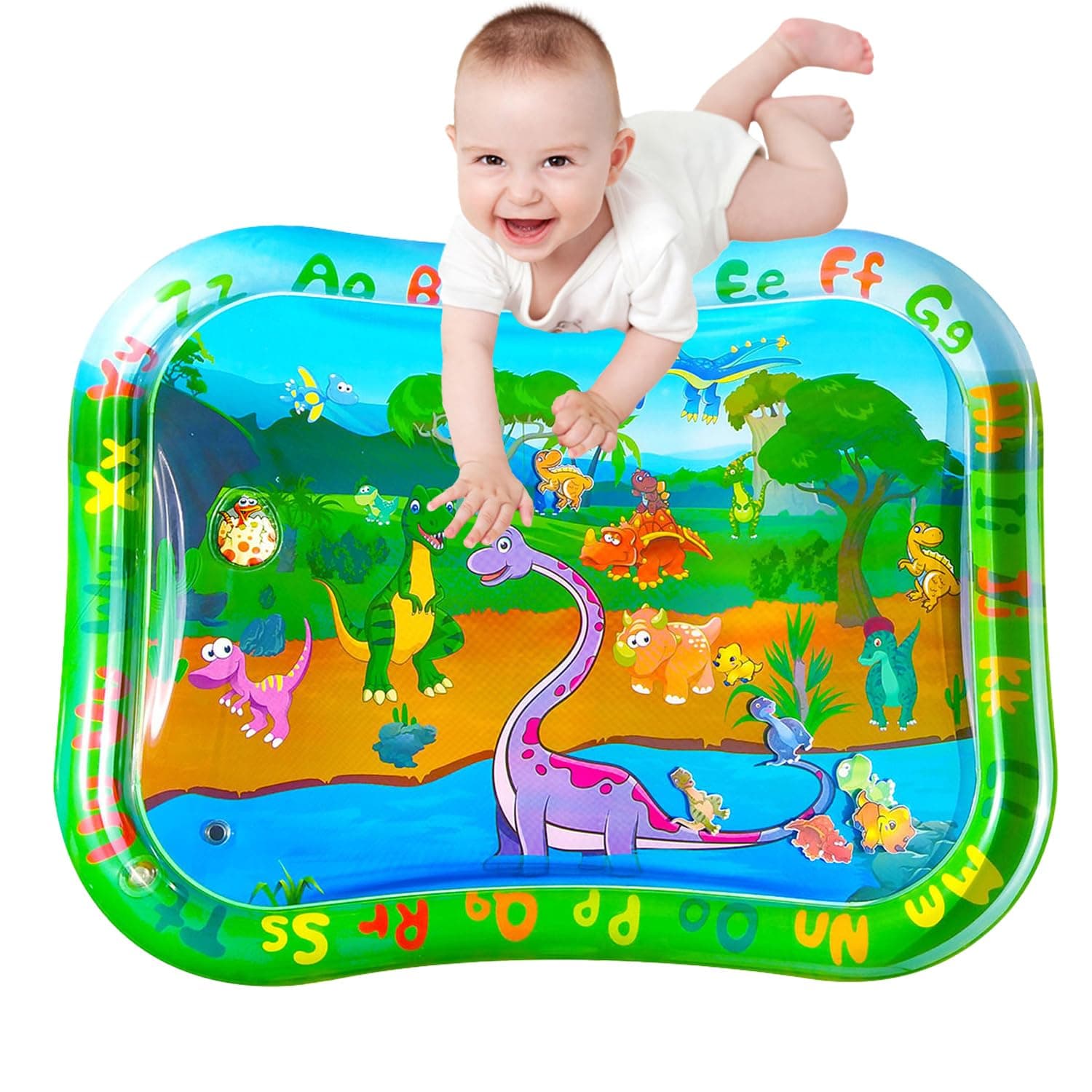 Extra Big Dinosaur Tummy time mats, Tummy Baby Toys, Inflatable Play Mat Water Cushion Baby Toys, Fun Early Development Activity Play Center for Newborn (Green 39.5x31.5 in)