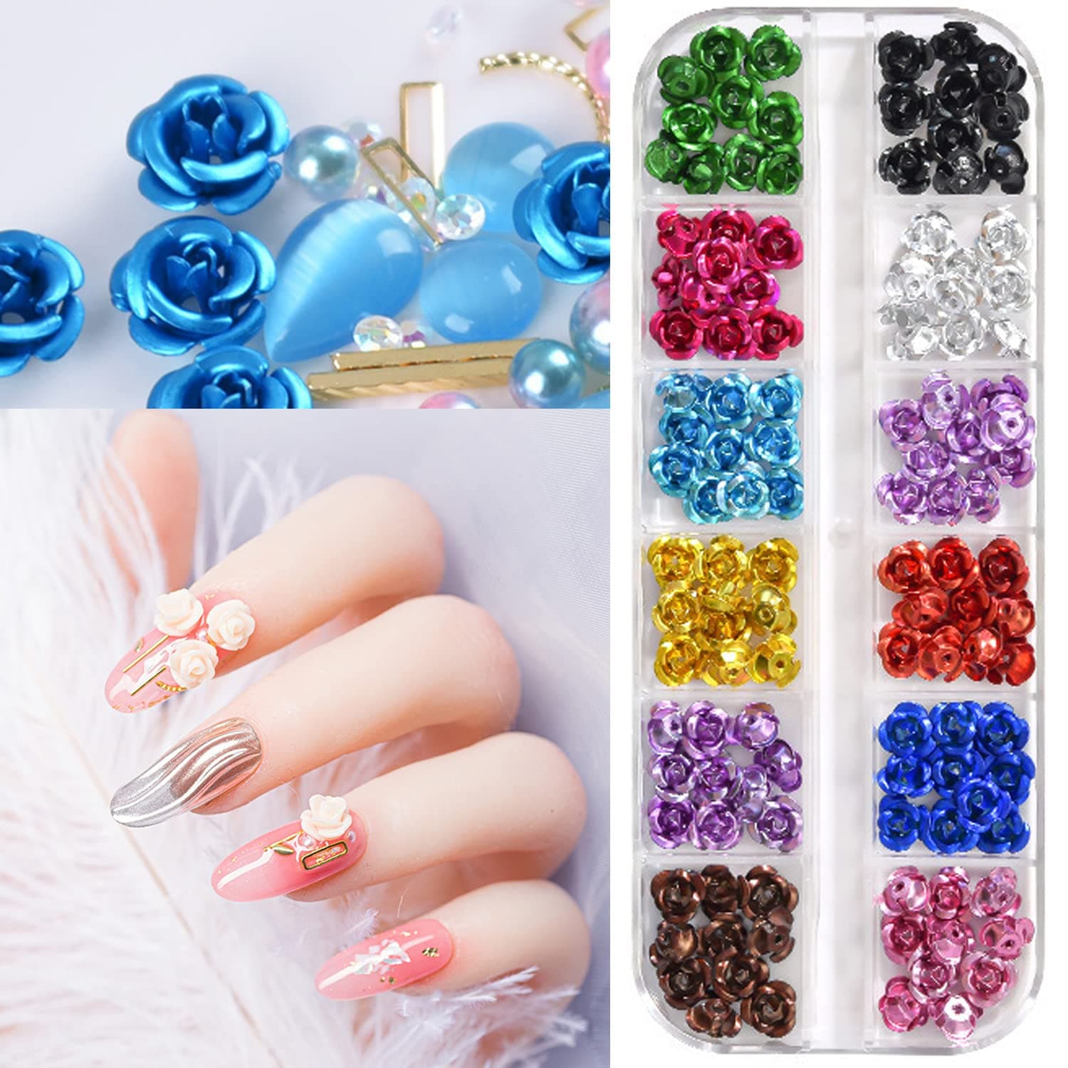 Metal Flowers Nail Art Decorations - 12 Colors Aluminum Flower Glitter Sequins, 3D Flat Back Floral Design, Rose Blossom Rivet for Nail Supplies, Flower Making Craft Accessories