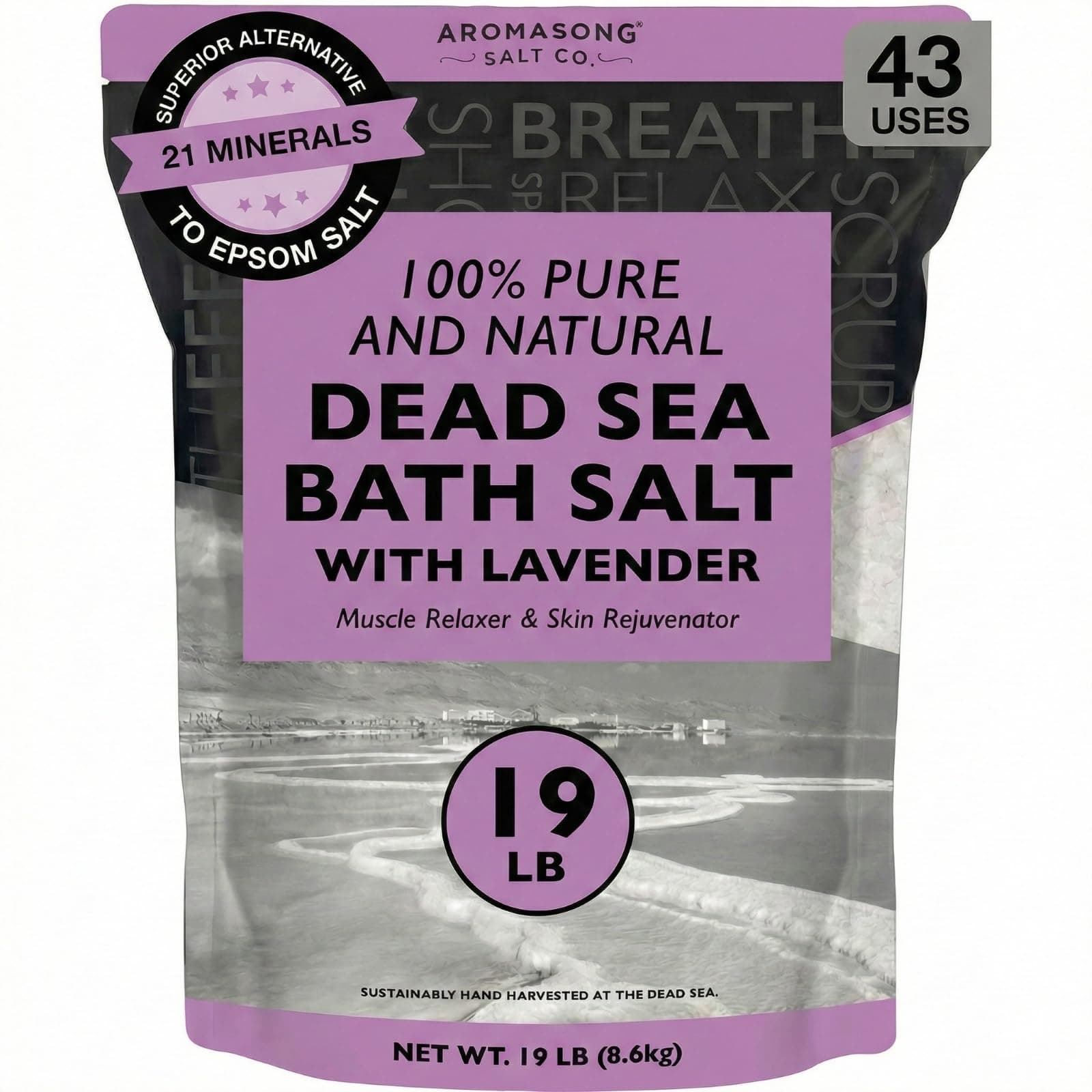 Aromasong Pure Dead Sea Salt for Soaking with 100% Natural Lavender, 19 LB - Spa Bath Salt Fine Grain - Body Wash Scrub - Soak for Women & Men- Bulk Resealable Pack
