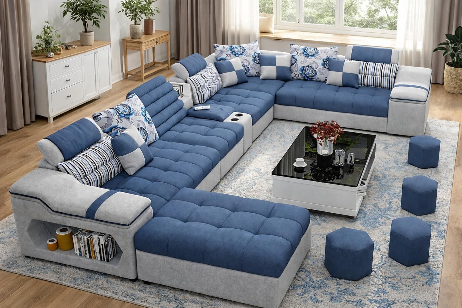 Avion COMFORA U Shape 12 Seater Sofa Set for Living Room | Interchangeable U-Shaped Sectional Sofa Set with Cup Holder with 4 Puffy for Living Room & Office