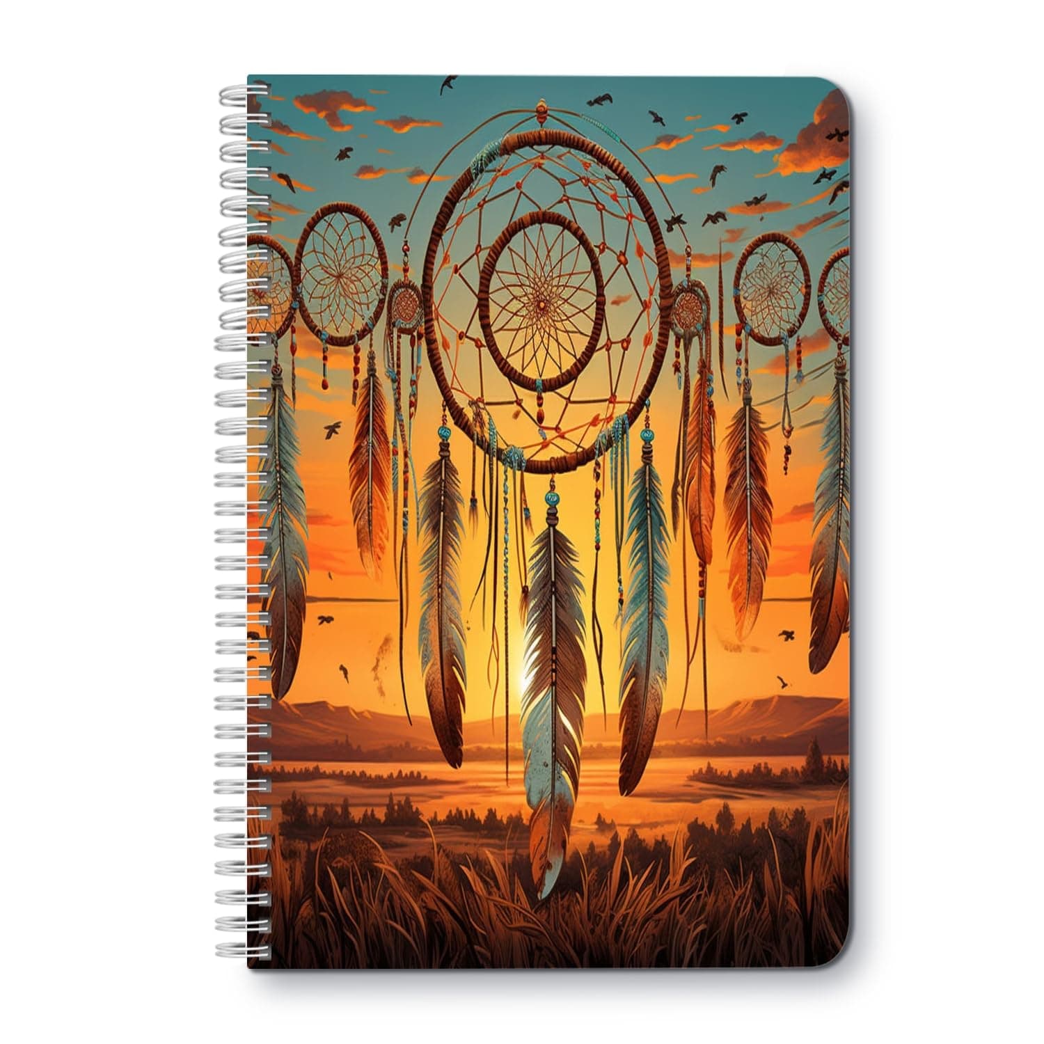 Spiral Notebook,Double-Wire Spiral College Lined Journal Composition School,College & Office Supplies,100 Pages,5.71x 8.26 in - Dreamcatcher with Six Arms Each Adorned with Feathers