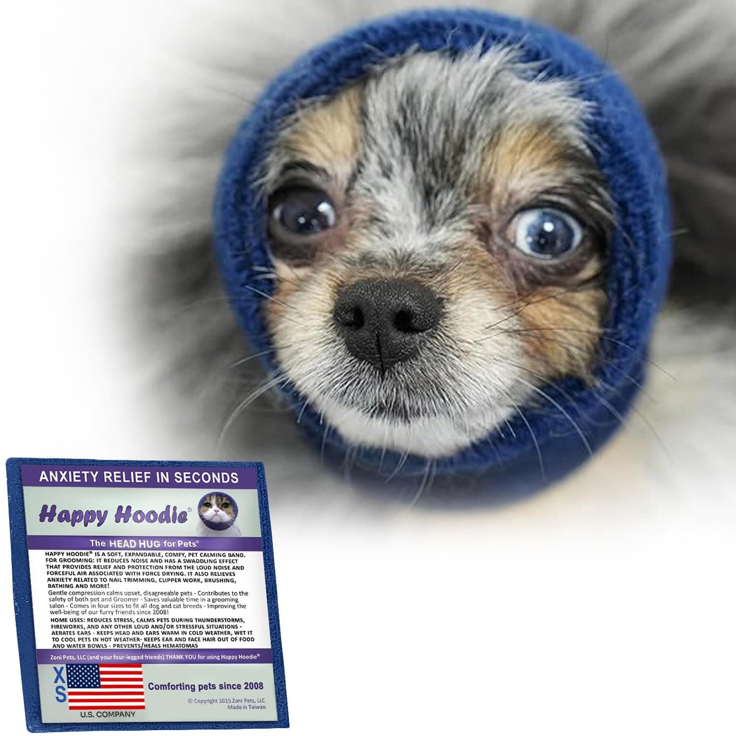 Happy Hoodie The Original Dog & Cat Calming Band - American Brand - Anxiety Relief/Noise Protection-Grooming-Thunder-Fireworks (XS, Blue) - Since 2008