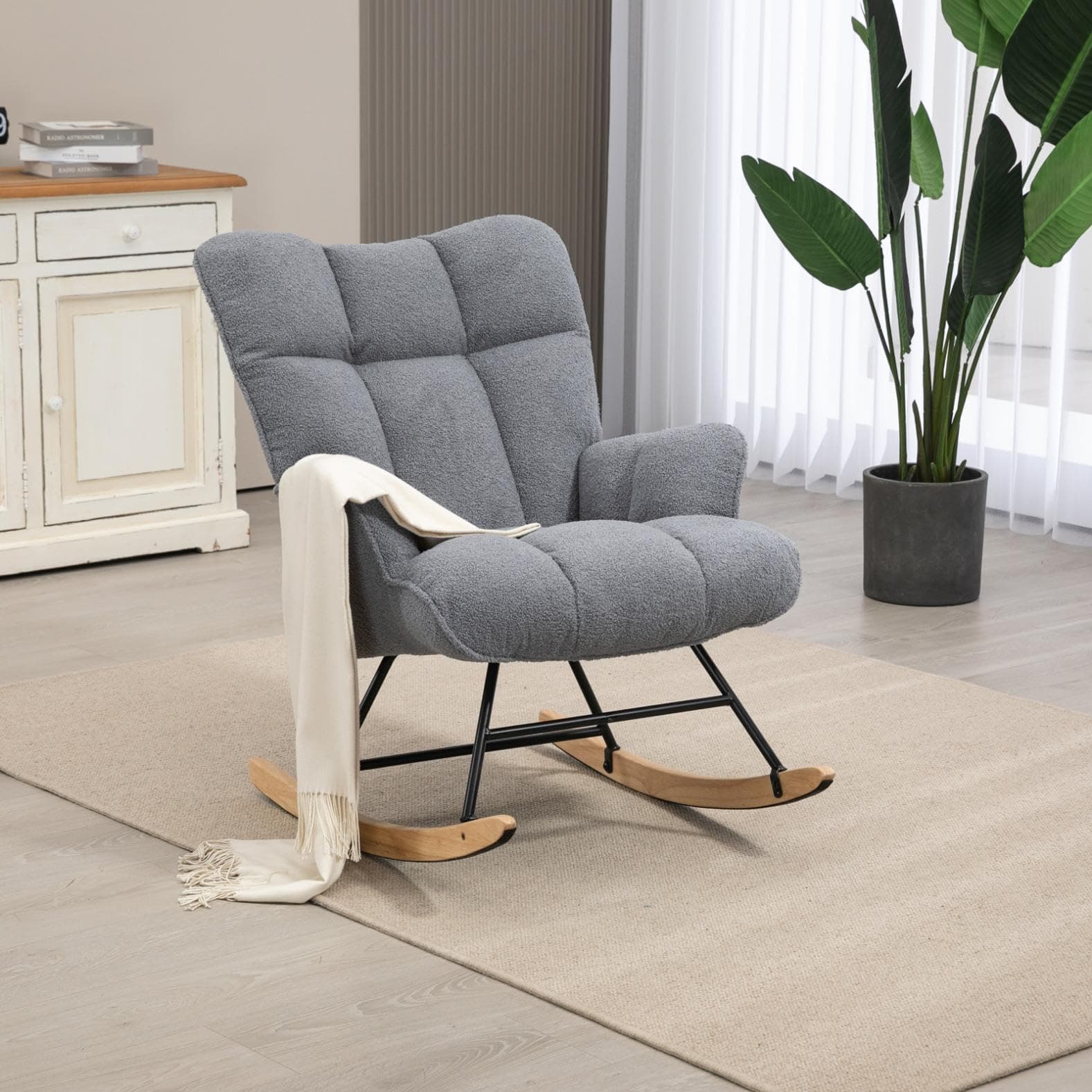 SAETSFEG Rocking Chair Nursery Teddy Upholstered Glider Rocker Chair Padded Seat with High Backrest Armchair Comfy Nursing Chair Indoor for Living Room Bedroom(Darkgrey Teddy)
