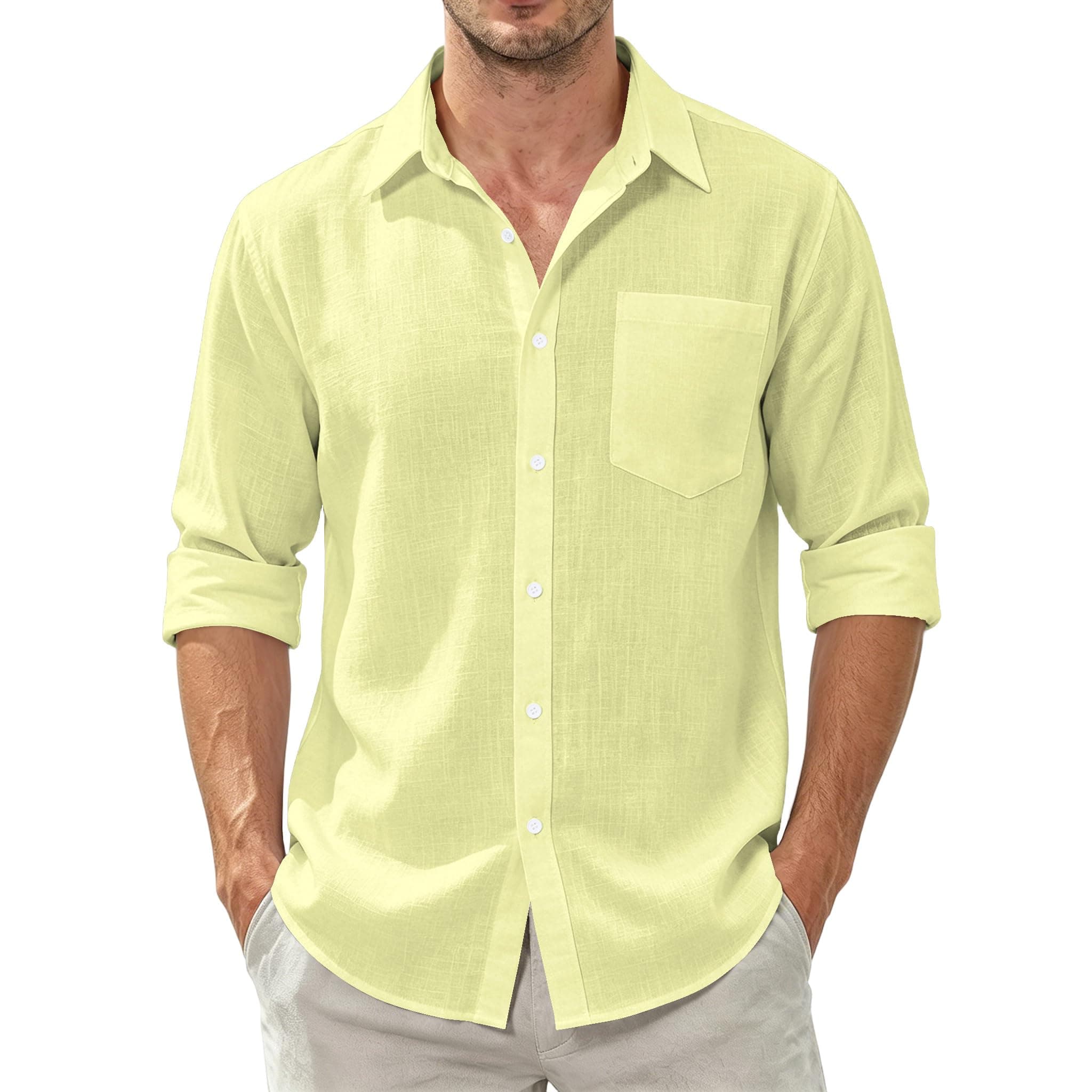 Dybycit Men's Cotton Linen Shirts Long Sleeve Regular Fit Lightweight Solid Color Summer Beach Shirt