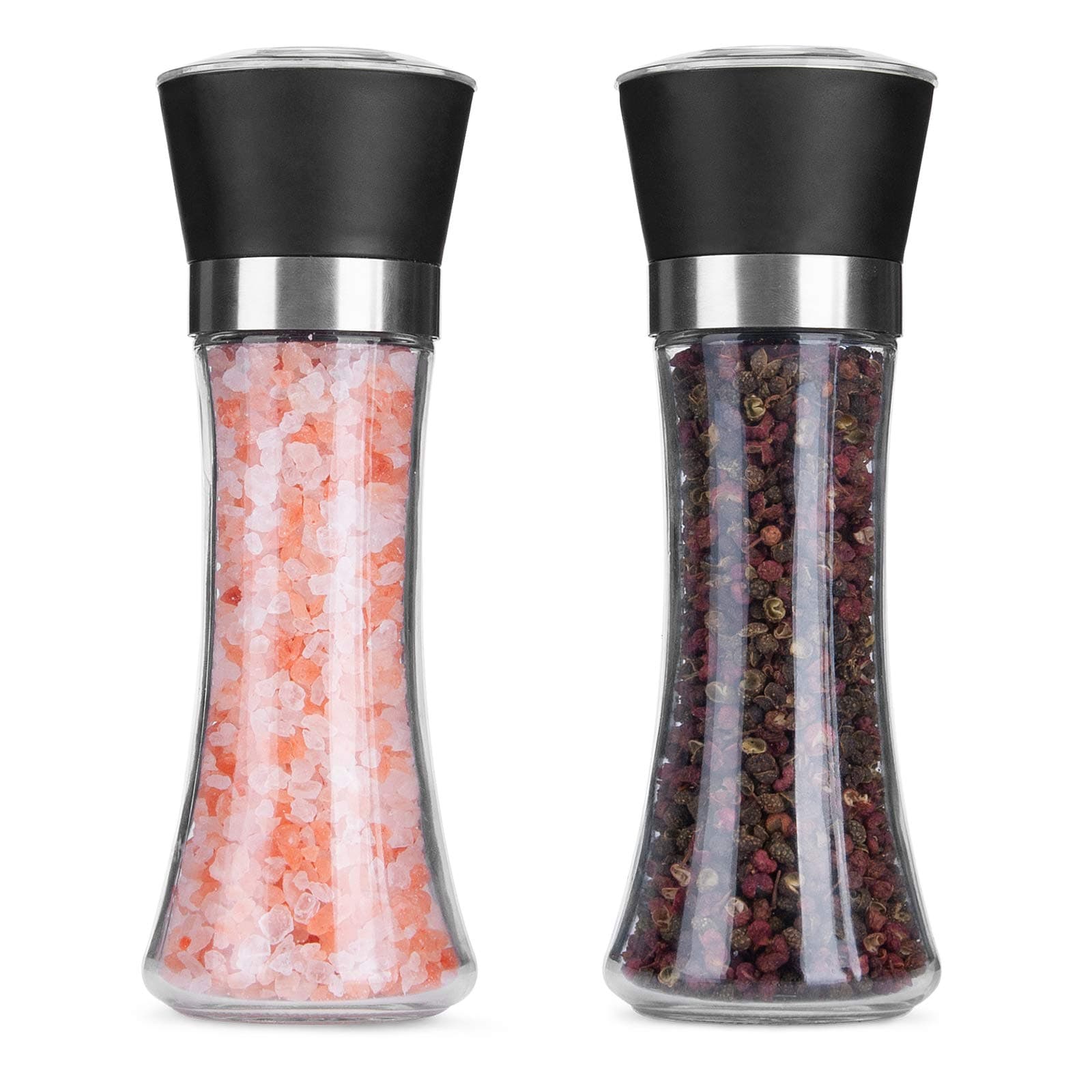 Hotder Salt and Pepper Grinders Set of 2-Refillable Adjustable Pepper Mill with Ceramic Blades and Glass Body for Home,Kitchen,Barbecue,Party and Every Meal(Salt and Pepper not Included)