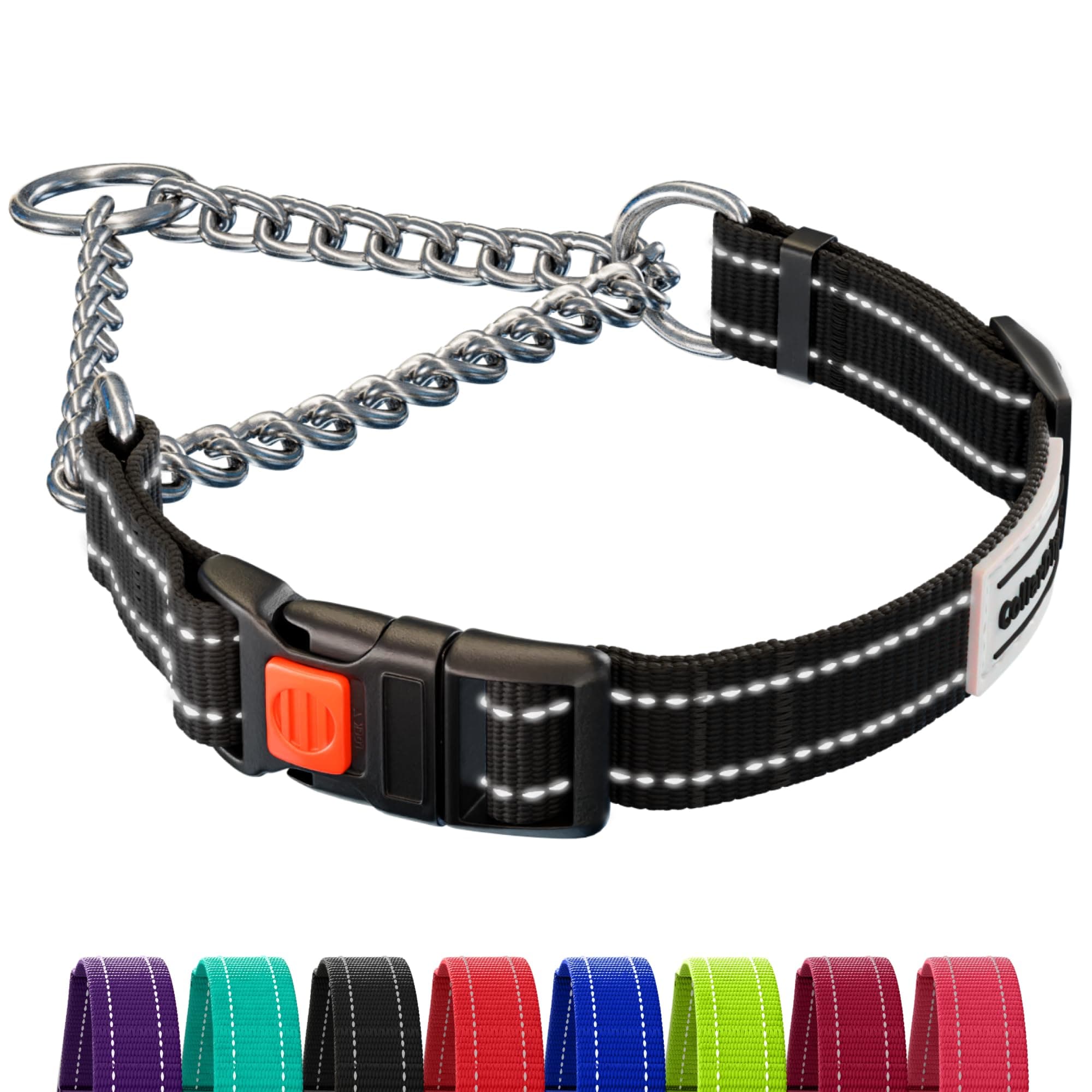 CollarDirect Martingale Dog Collar Dog Choke Collars Stainless Steel Chain Quick Release Buckle - Reflective Collar for Large, Medium, Small Dogs - Black, Large (Neck Size 17"-22")