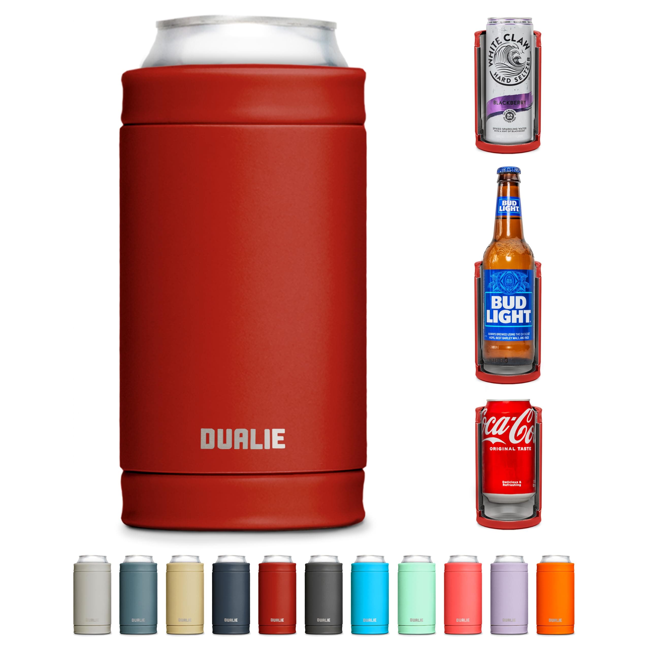 DUALIE 3 in 1 Insulated Can Cooler - Universal Size for 12 oz Cans, Slim Cans, and Bottles - Burnt Red