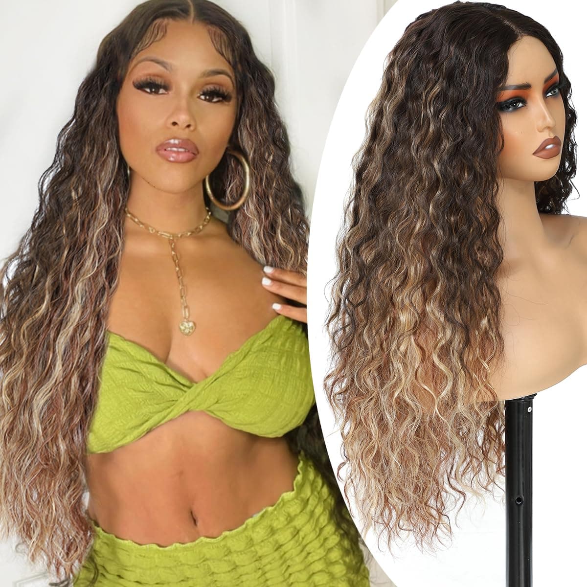 YKHJH Highlight Ombre Curly Lace Front Wig, 26 Inch Deep Wave Wigs for Black Women, Curly Synthetic Wig Upgraded with Premium Human-Hair-Like Fiber (Highlight Ombre)