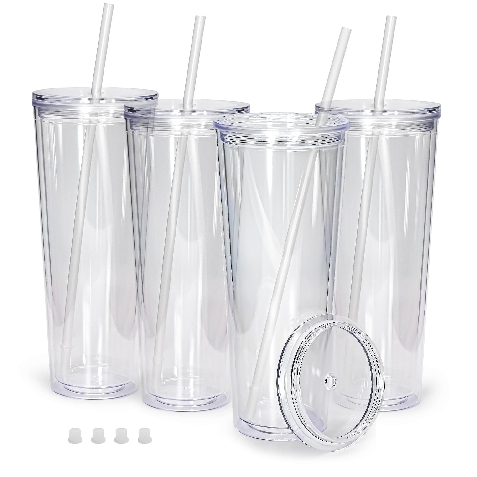 sweet grain Snow Globe Tumblers(4 Pack) - 24oz Double Wall Acrylic Tumblers for Snow Globe Cups with Pre Drilled Hole, Lids, Straws and Hole Stopper, Clear Snowglobe Tumbler