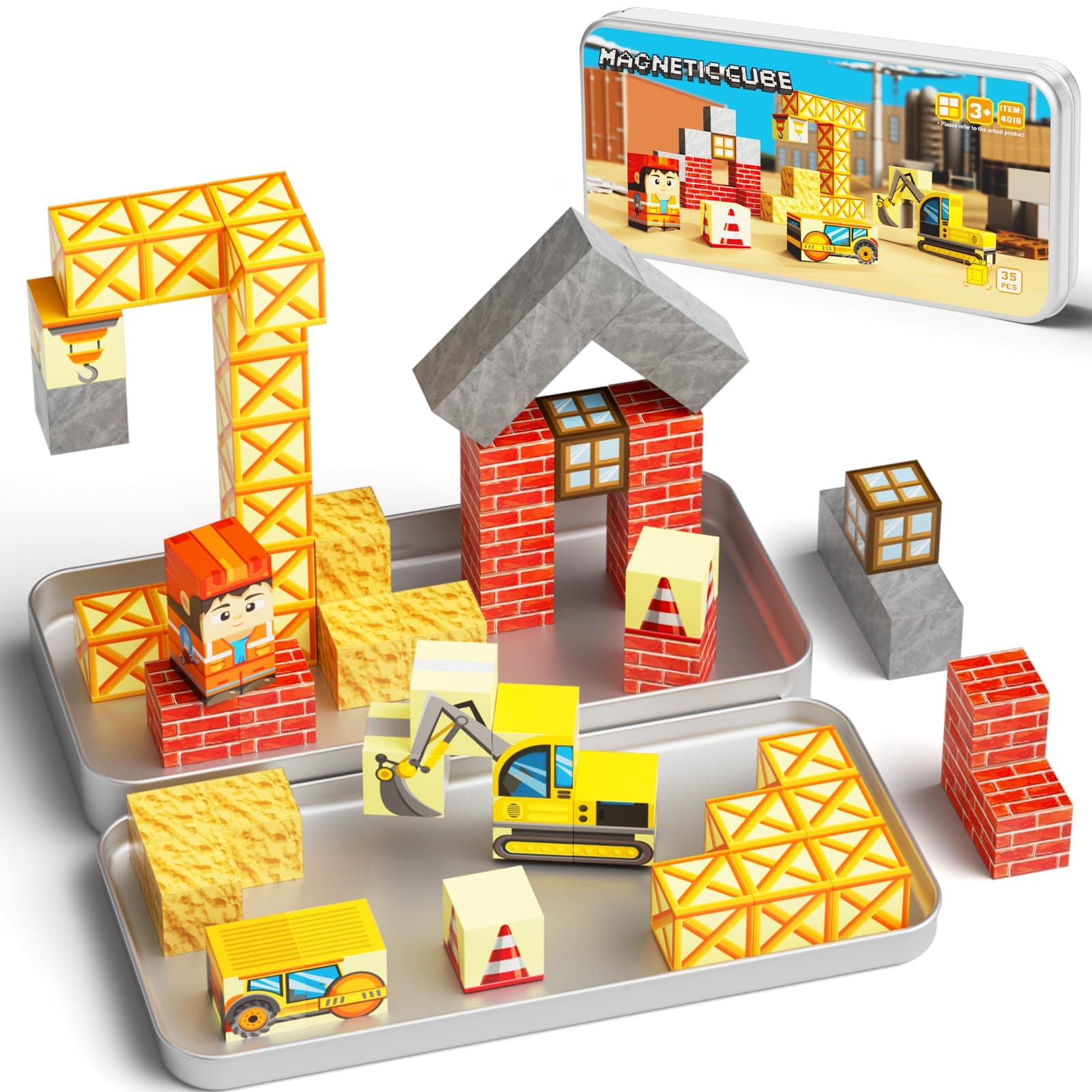 WMDXU Magnetic Cubes Boys Travel: Engineering Building Set with Iron Box