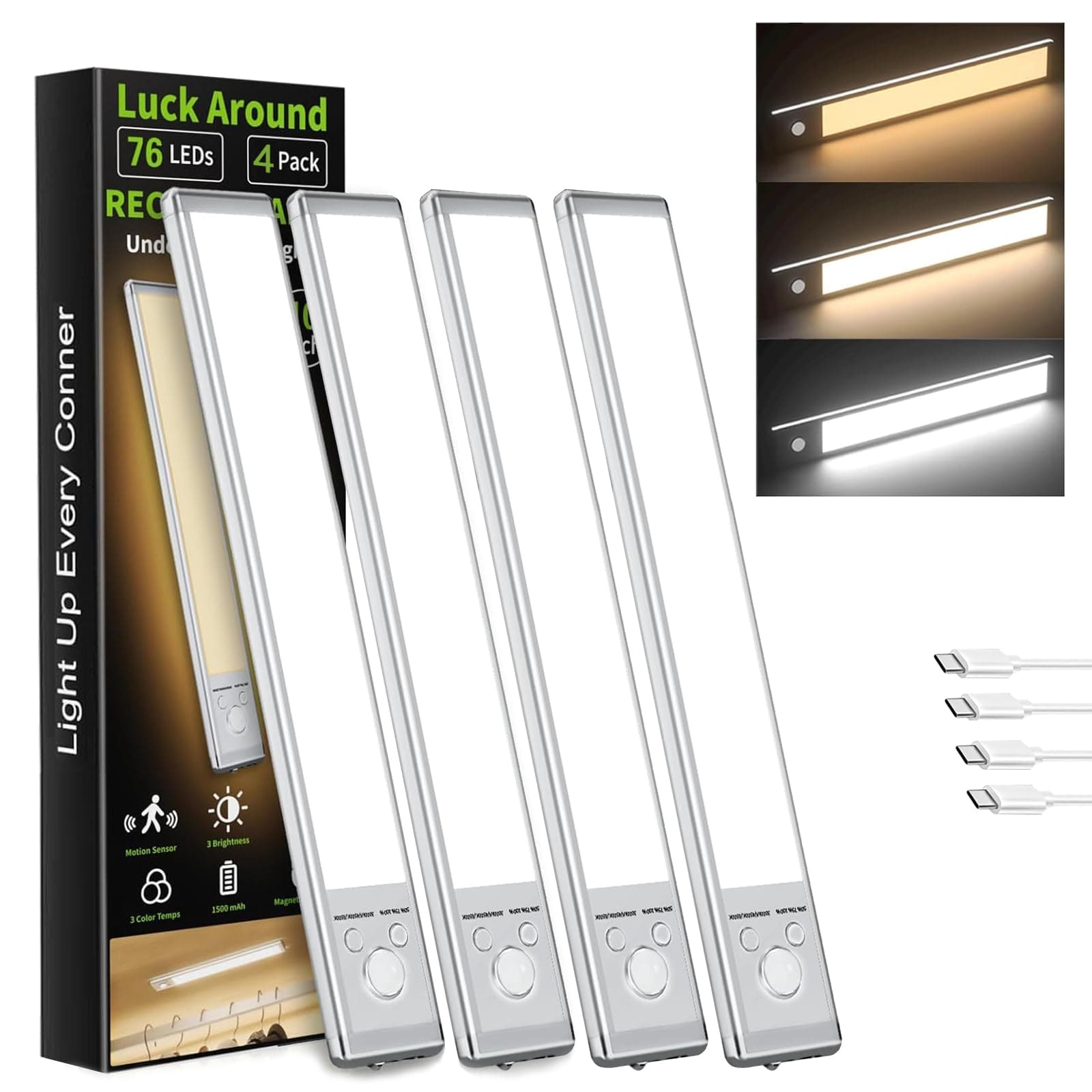 4 Pack Under Cabinet Lighting, 24cm Rechargeable Motion Sensor Light Indoor