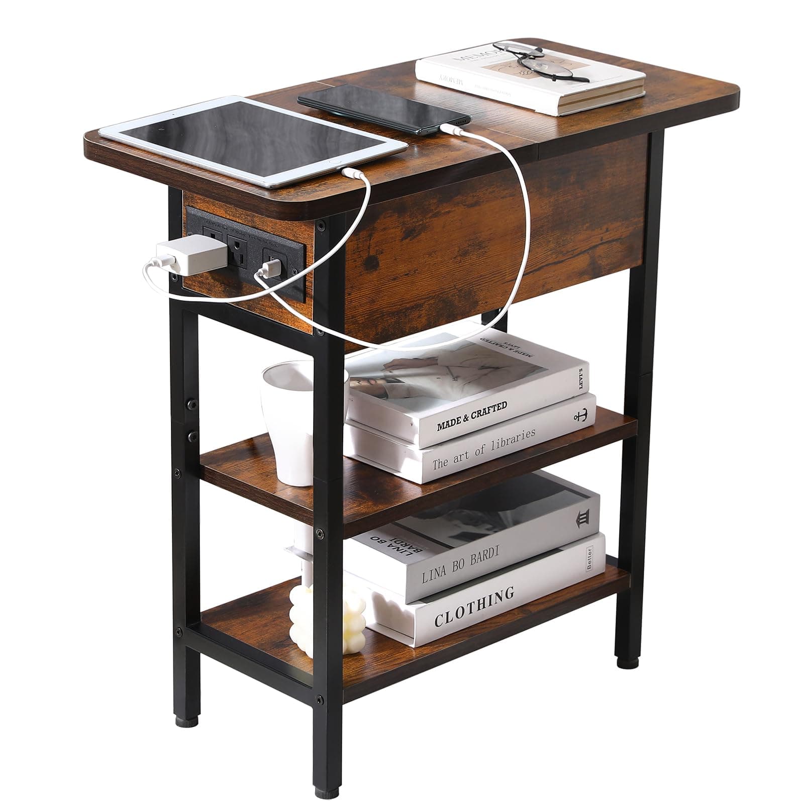 Modern End Table with Charging Station, Narrow Side Table with USB Ports & Outlets, Flip-Top Nightstand with Storage Shelf, Small Bedside Table for Living Room, Bedroom, Small Space,Rustic Brown