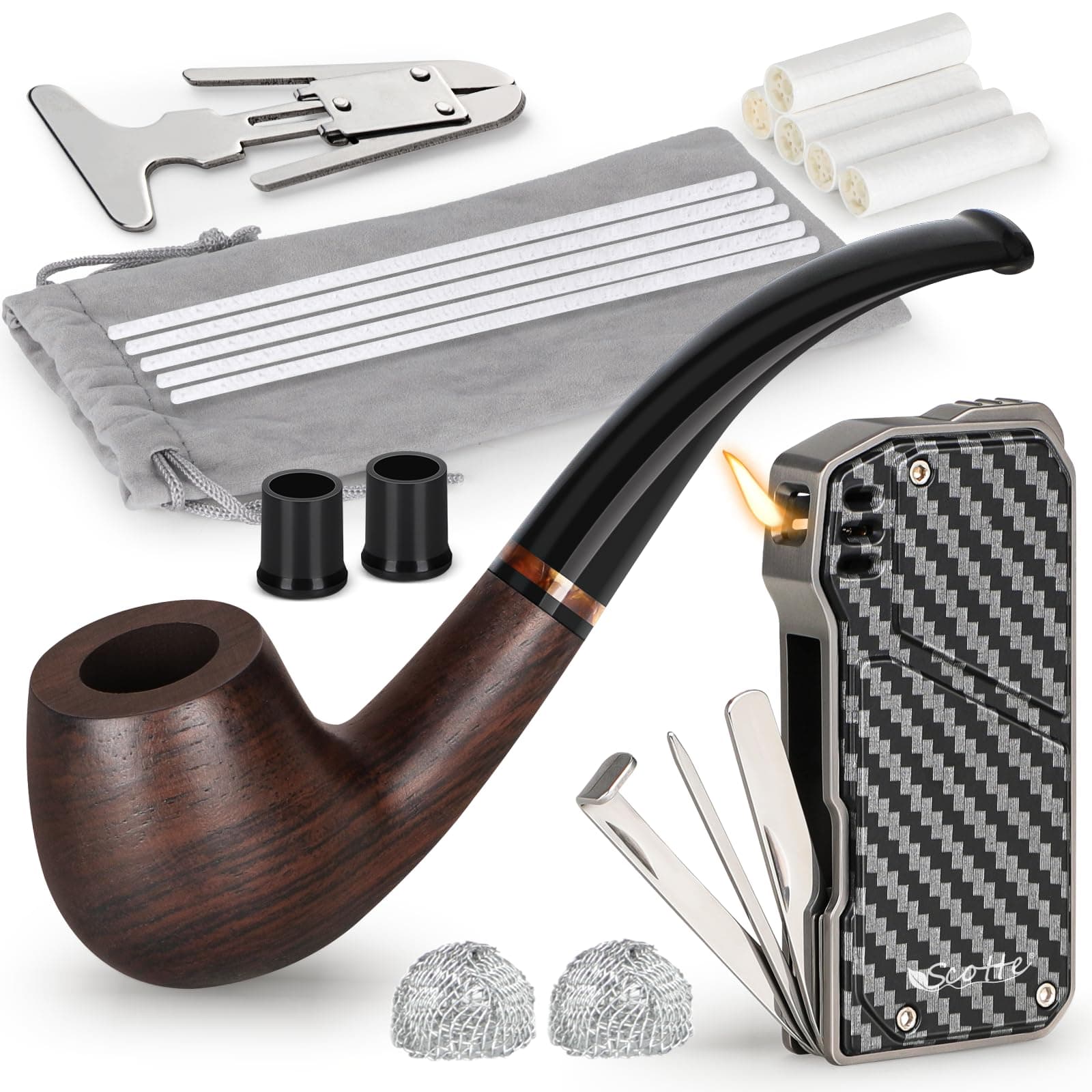 Scotte Handmade Pipe and Pipe Lighter Set, Wood Pipe and Various Pipe Accessories, Soft Flame Refillable Butane Lighter with 3 Foldable Pipe Cleaners Tools, Great Gift for Men