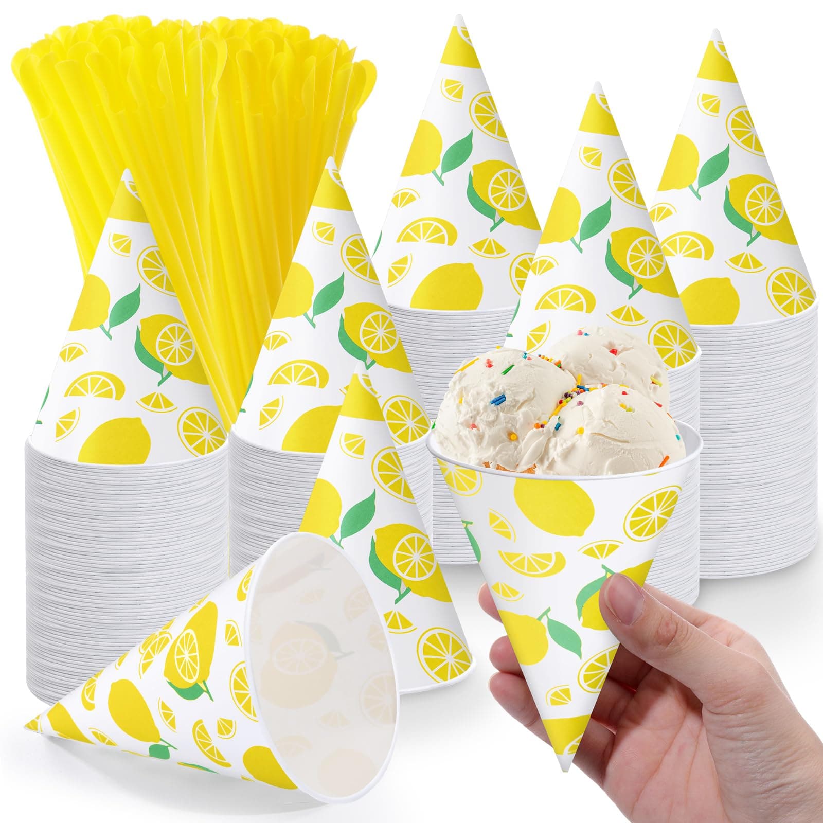 Willinglong 50 Sets Lemon Snow Cone Cups and Straws 6 oz Yellow Shaved Ice Cream Cups for Slush Shaved Ice Cream Water Cooler Disposable Paper Funnel for Summer Party Picnics Barbecues