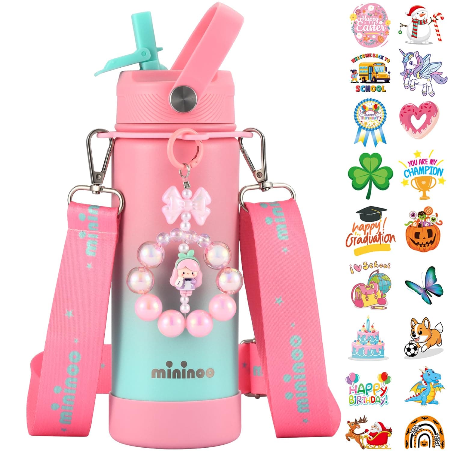 Mininoo 18 oz Stainless Steel Insulated Kids Water Bottle for School with Straw Lid & Strap, 50 Stickers (Sweat Peach)