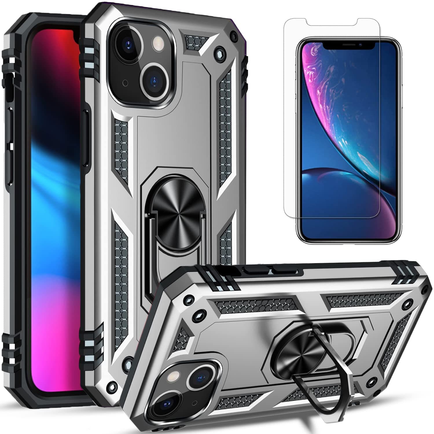 STARSHOP Compatible with iPhone 13 Mini Phone Case, with [Tempered Glass Screen Protector Included], Military Grade Shockproof Drop Protection Phone Cover with Metal Ring Kickstand - Silver