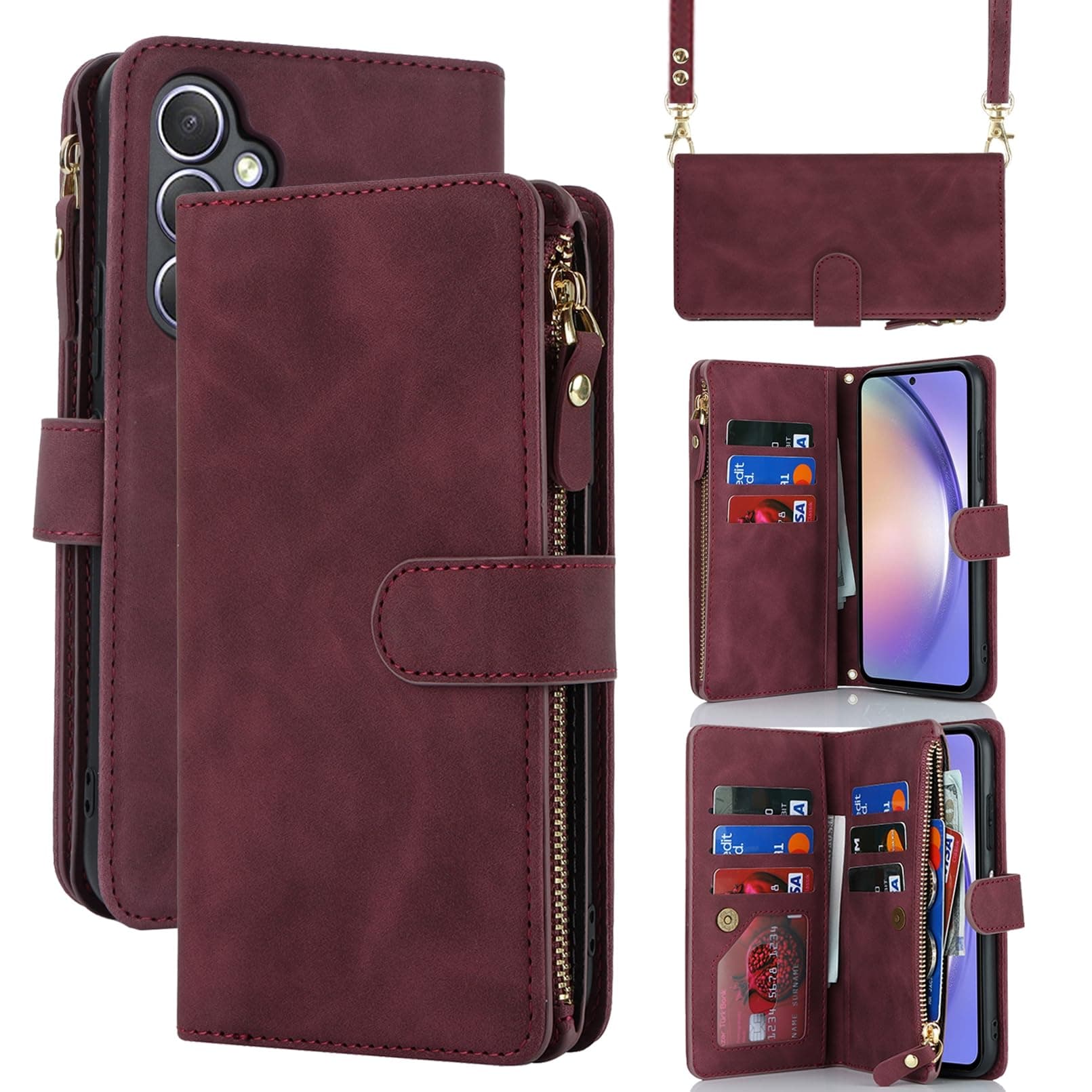 Crossbody Phone Wallet for Samsung Galaxy A54 Case with Strap,6.4",Burgundy