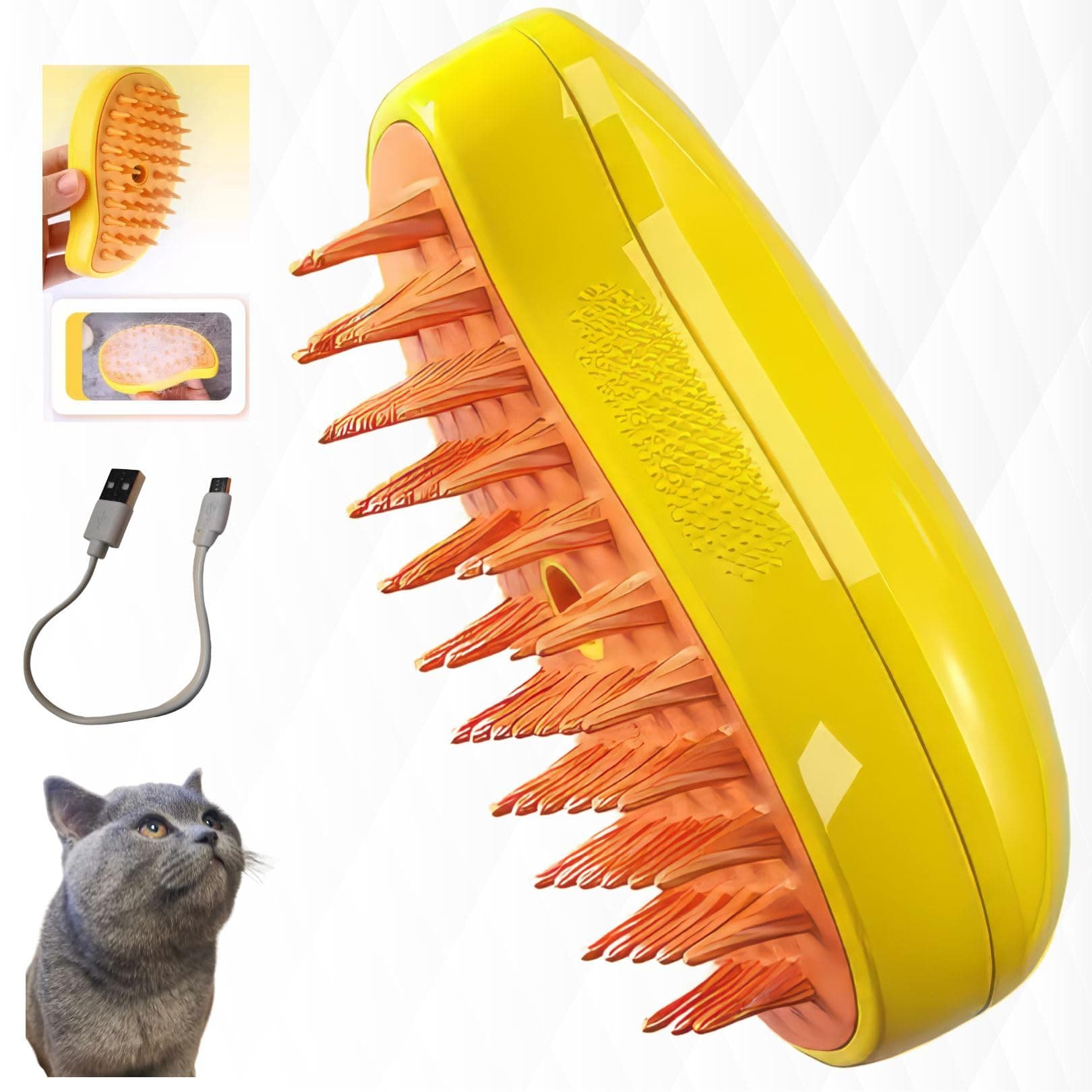 Steamy Cat Brush3 In1 Cat Steamy BrushSelf Cleaning Steam Cat Brush,Cat Steamer Brush for Massage,Cat Grooming Brush,Steam Pet Brush for Removing Tangled and Loosse Hair (YELLOW)