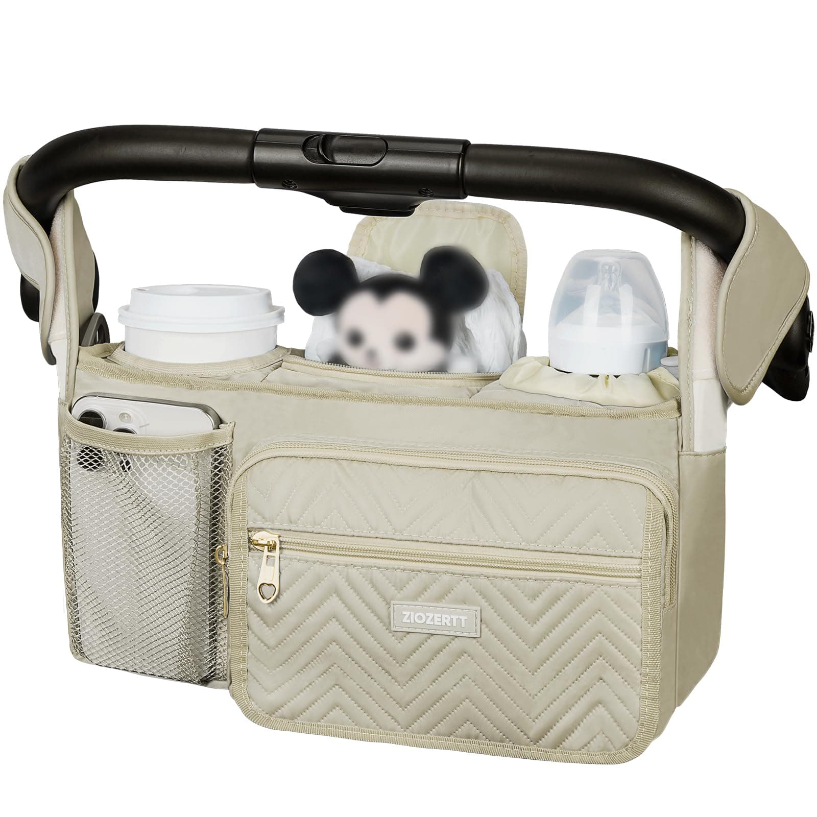 Universal Stroller Organizer with Insulated Cup Holders,Large Capacity Non-Slip Stroller Caddy Bag Fits for Uppababy/Doona/Jogger/Britax/Mompush/BoB with Anti-Sag Hard Bottom and Wet Wipes Pocket