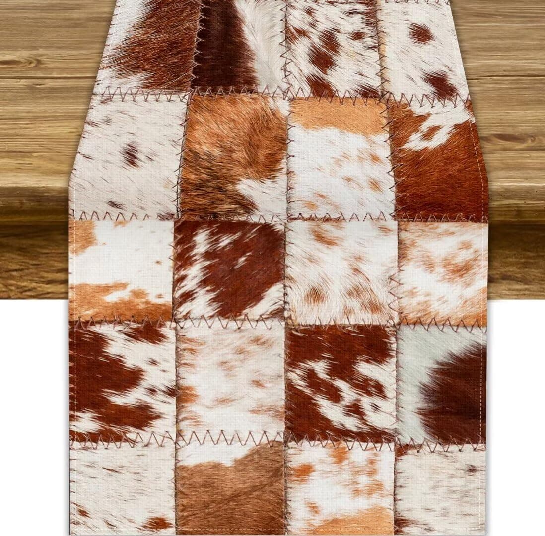 JanJCurt Cowhide Table Runner, Farmhouse Animal Cattle Leather Splicing Fur Western Wildlife Patchwork Cow Skin Pattern Table Runner for Dining Room Kitchen Home Decor 13x120 Inch