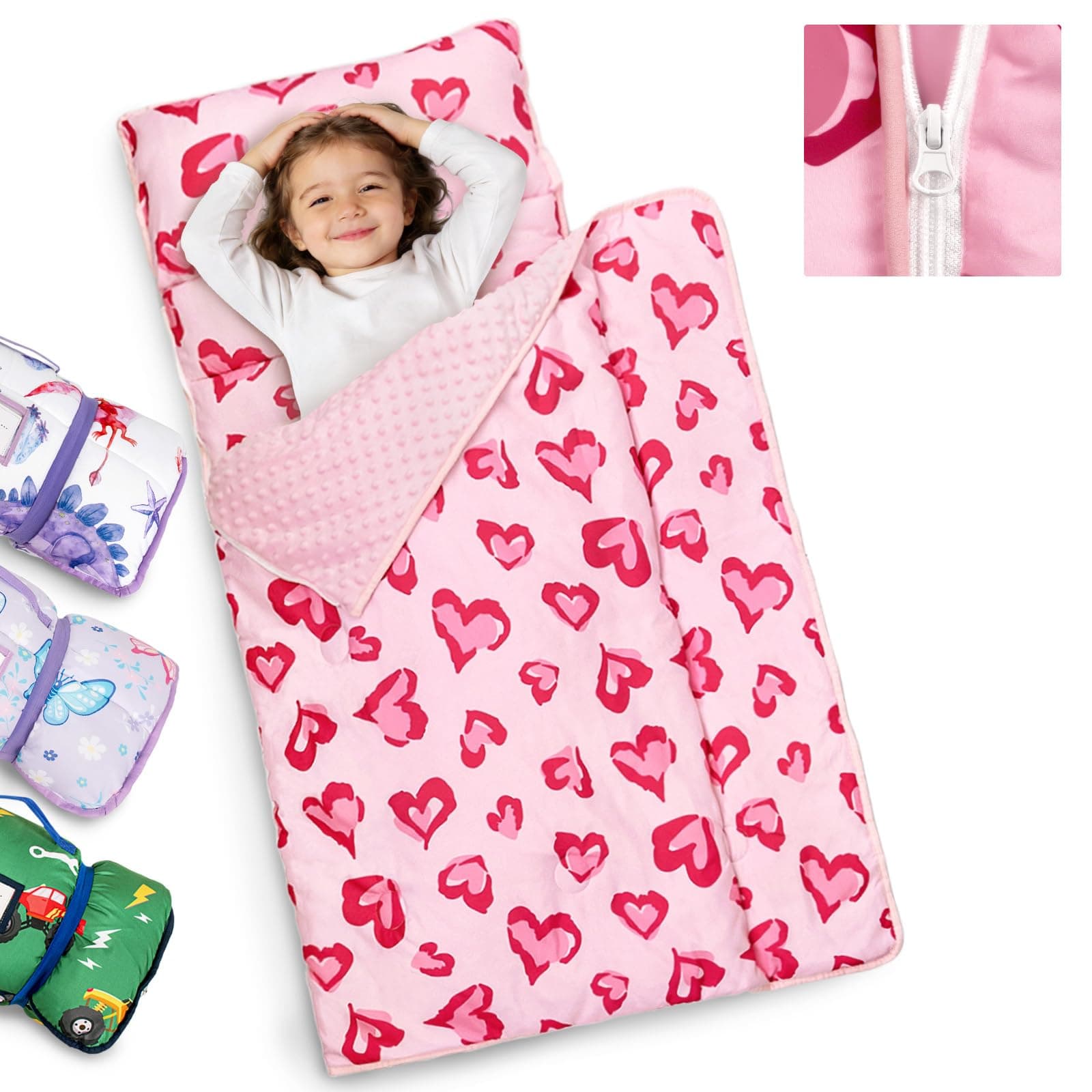 Primlect Toddler Nap Mat Extra Large Thickened 55''x35'', Soft Sleeping Bag with Detachable Minky Blanket and Pillow, Portable for Daycare, Preschool, Kindergarten, Travel, Boys and Girls, Pink Heart