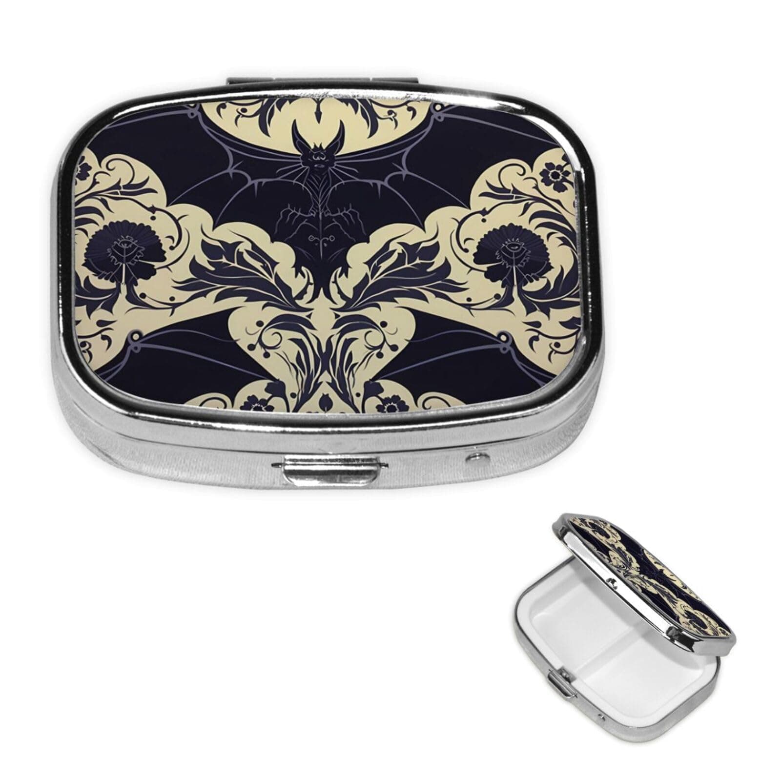 Pill Box 3 Compartment Square Small Pill Case Travel Pillbox for Purse Pocket Bat Pattern Metal Medicine Organizer Portable Pill Container Holder to Hold Vitamins Medication Fish Oil and Supplements