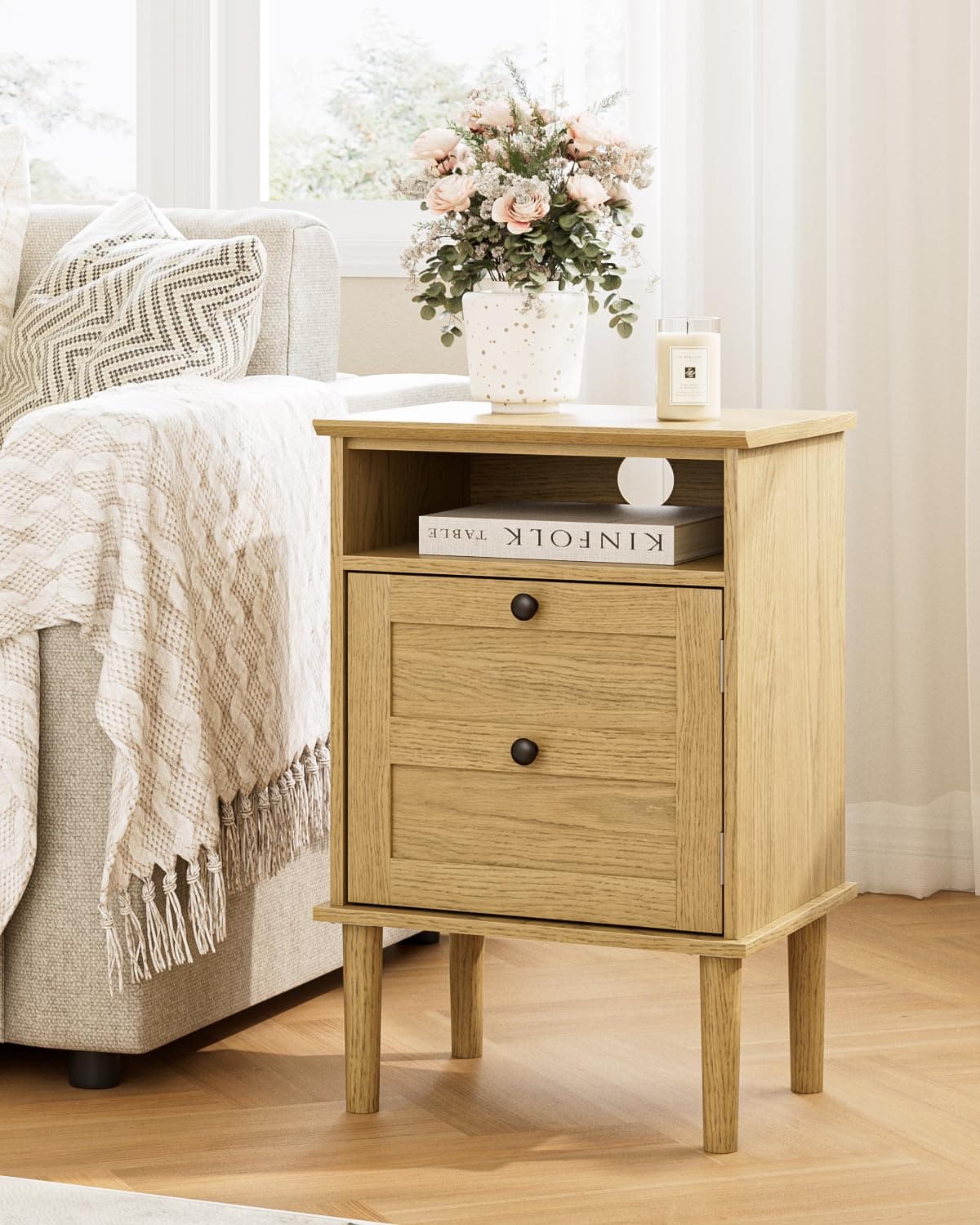 Apetaccat Nightstand, Farmhouse Night Stand with 2 Drawers, Mid Century Modern Side Accent Table with Open Shelf, Wooden Top Bedside End Table for Bedroom, Living Room, Yellow Oak