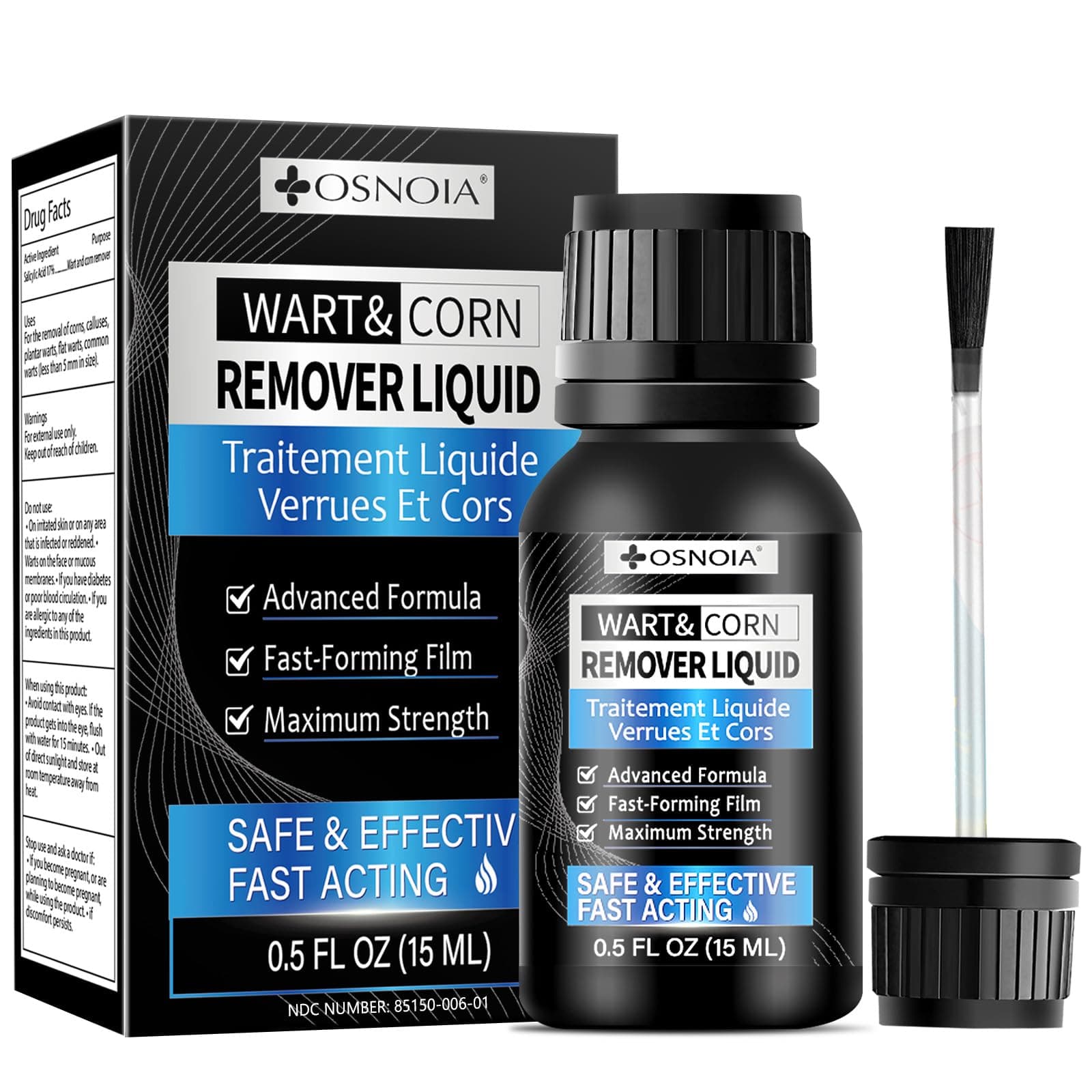 OSNOIA Extra Strength Wart Remover Liquid with 17% Salicylic Acid, Fast Acting Treatment for Plantar & Common Warts, Corn Remover for Feet and Toes (15ml, Wart Remover Set)