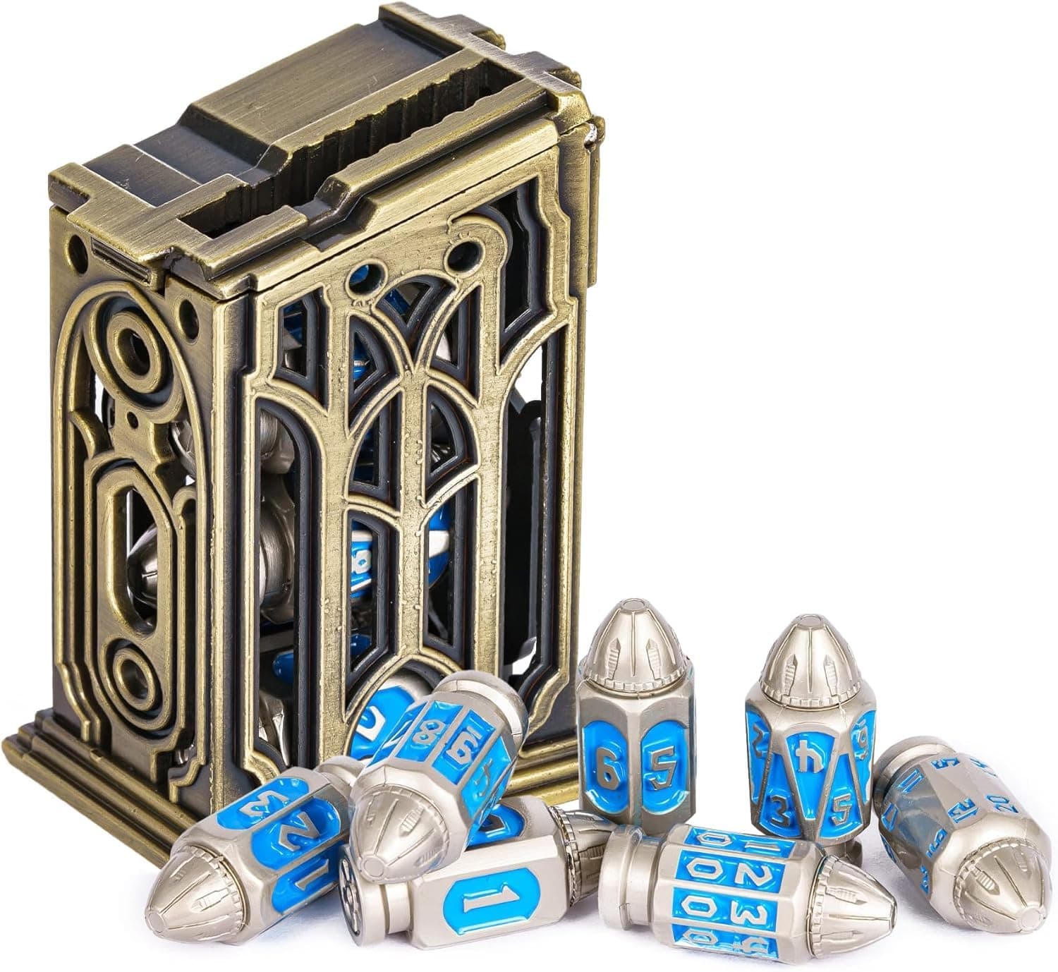 Cusdie 7-Die Bullet-Shaped Metal Dice Set DND Dice Set in Metal Clip Case for Dungeons and Dragons TTRPG Role Playing Dice Game(Nickel Blue)