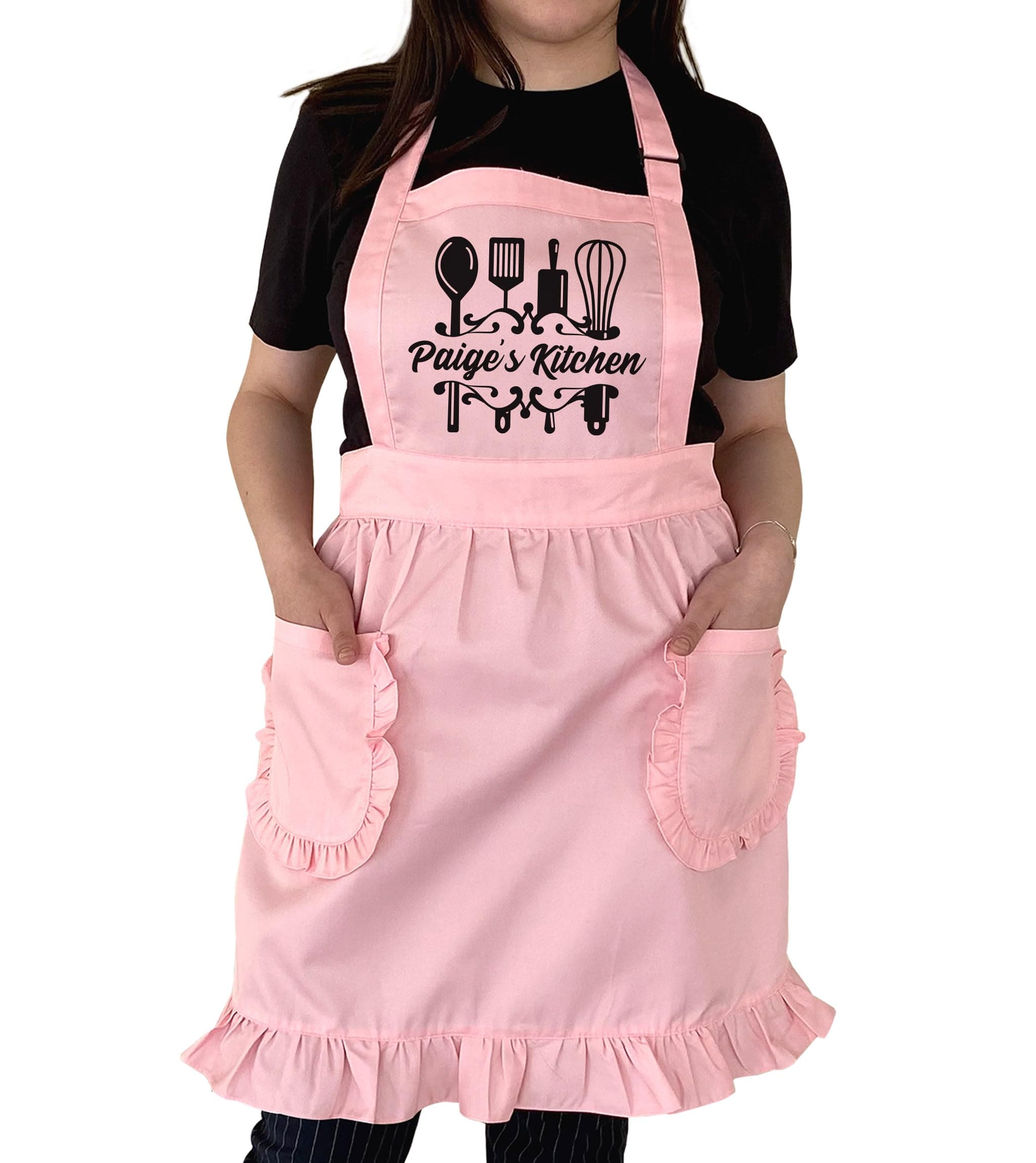 TEEAMORE Custom Ruffle Apron Add Your Text Name Kitchen Utensils Baking Cooking Grilling Cleaning Maid Costume Women Apron Pink