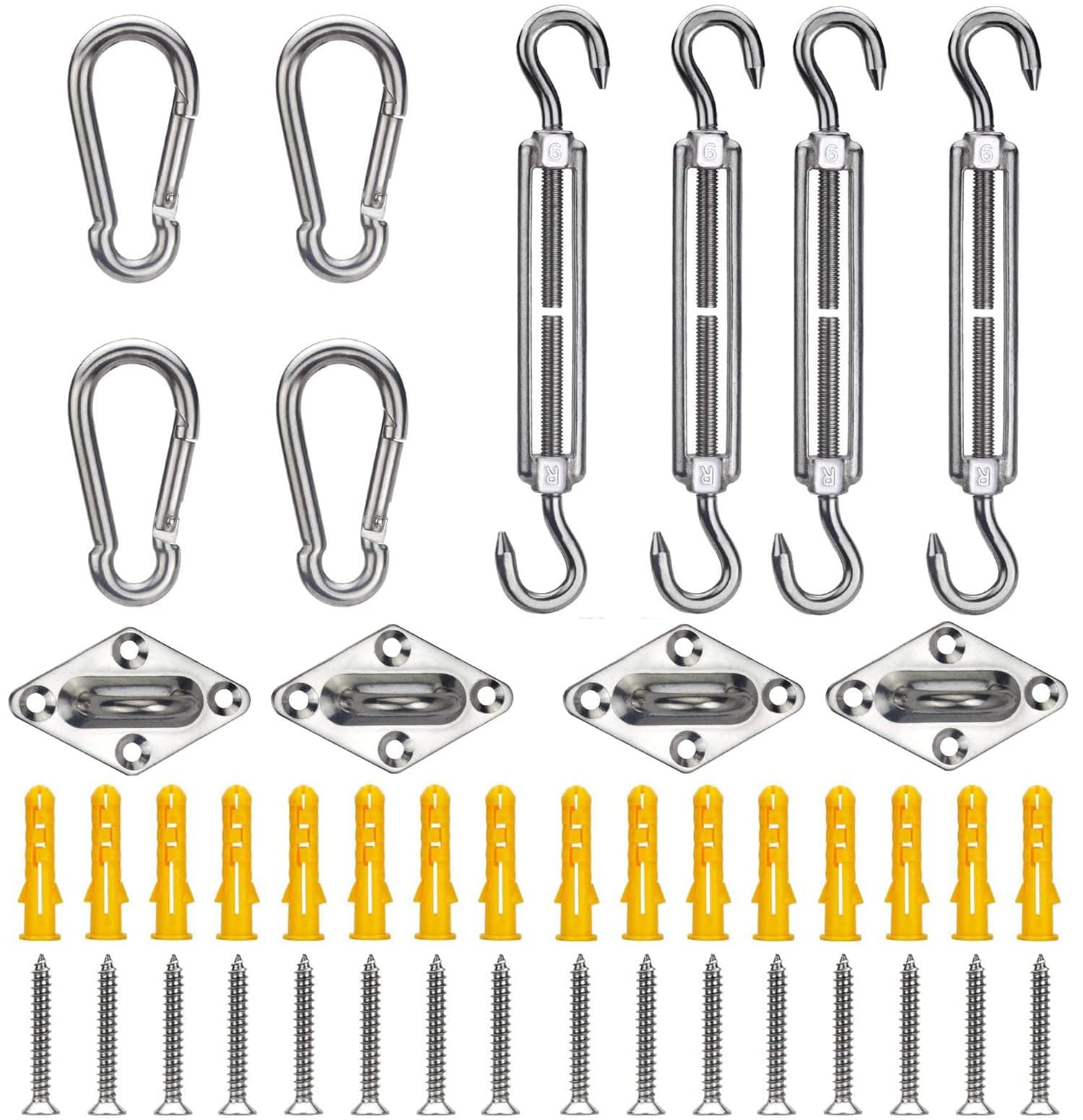 304 Stainless Steel Sun Shade Sail Hardware Kit, 44 Pcs M6 Sun Shade Sail Installation Accessories for Outdoor Patio Square/Rectangle/Triangle Sun Shade Sails Installation