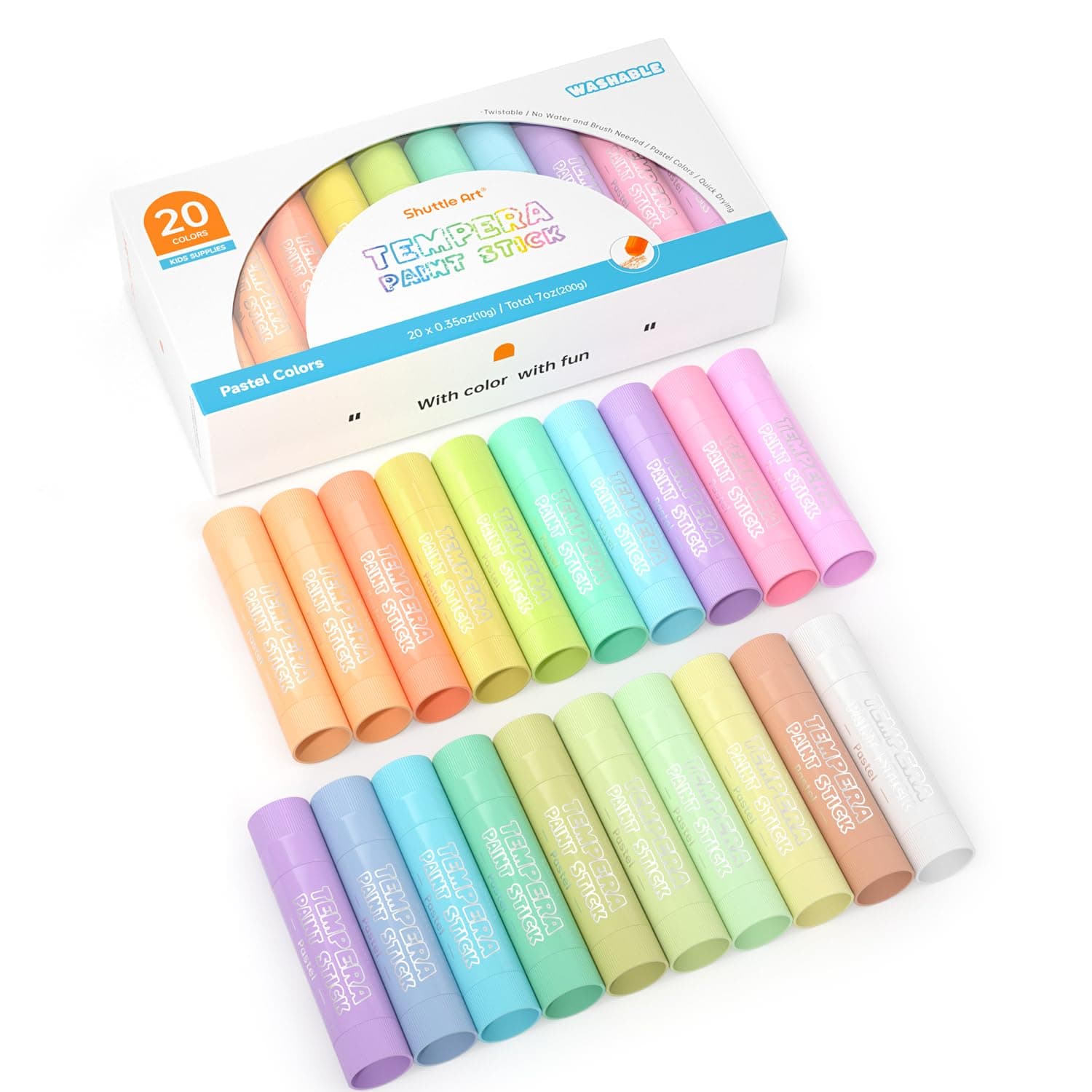 Shuttle Art Tempera Paint Sticks, 20 Pastel Colors, Solid Tempera Paint for Kids, Super Quick Drying, Works Great on Paper, Wood, Glass, Ceramic, Canvas