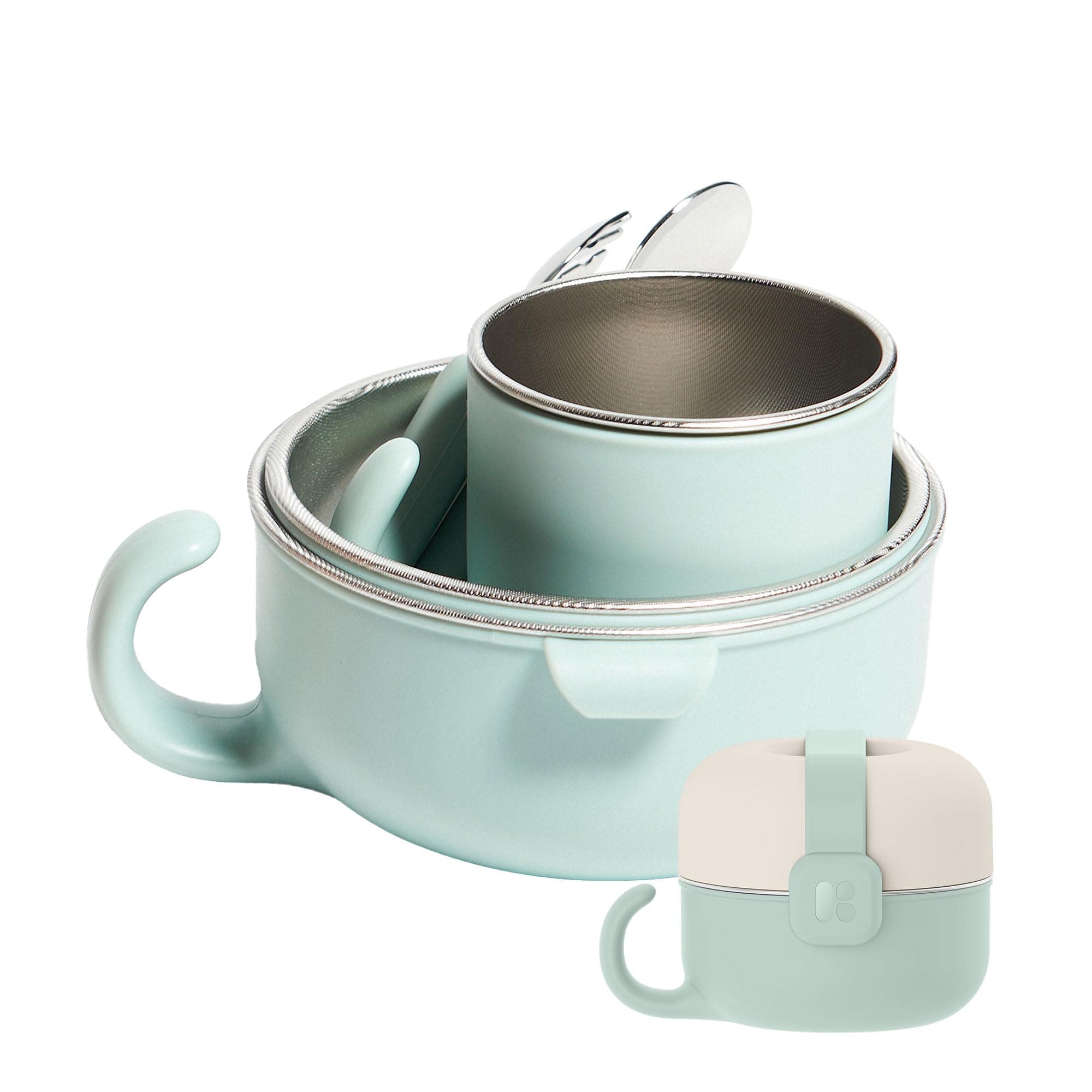 MOTHER-K Stainless Steel Kids Dinnerware Set | 2 Bowls, Cup, Fork&Spoon | Perfect for Travel, Camping, Picnic, Outdoor (Mint)