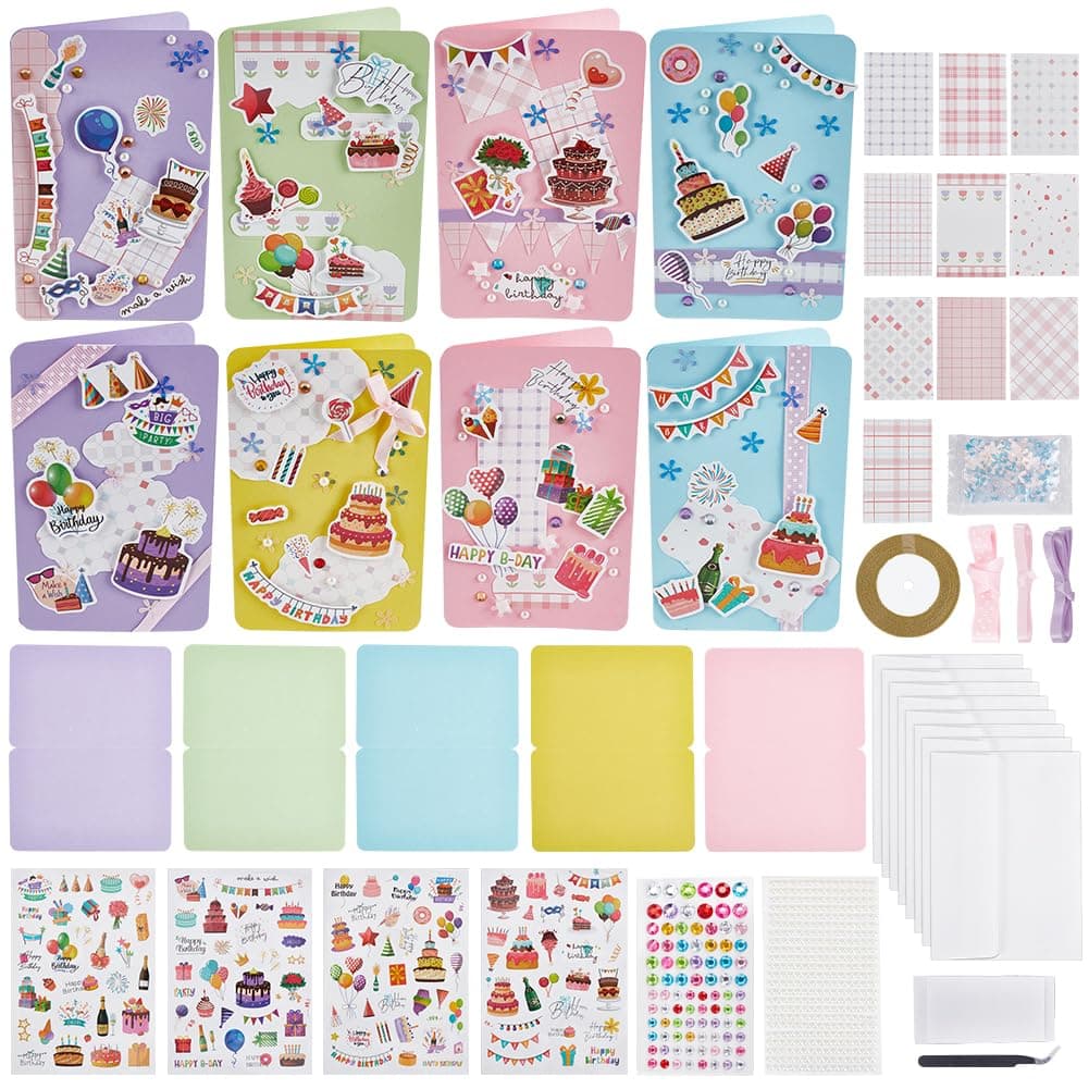 WEBEEDY 15 Set DIY Birthday Greeting Card Set Birthday Card Making Kit 5 Colors Blank Card with Matching Envelopes Sticker DIY Unique Handmade Greeting Card for Friends Family Colleague Birthday Party