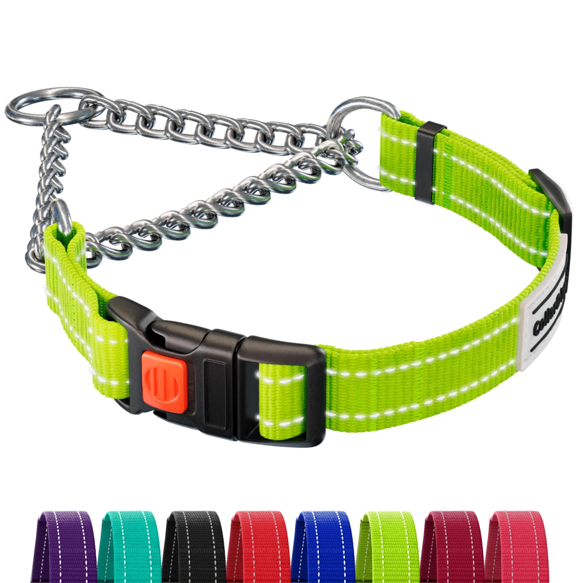 CollarDirect Martingale Dog Collar Dog Choke Collars Stainless Steel Chain Quick Release Buckle - Reflective Collar for Large, Medium, Small Dogs - Lime Green, Large (Neck Size 17"-22")