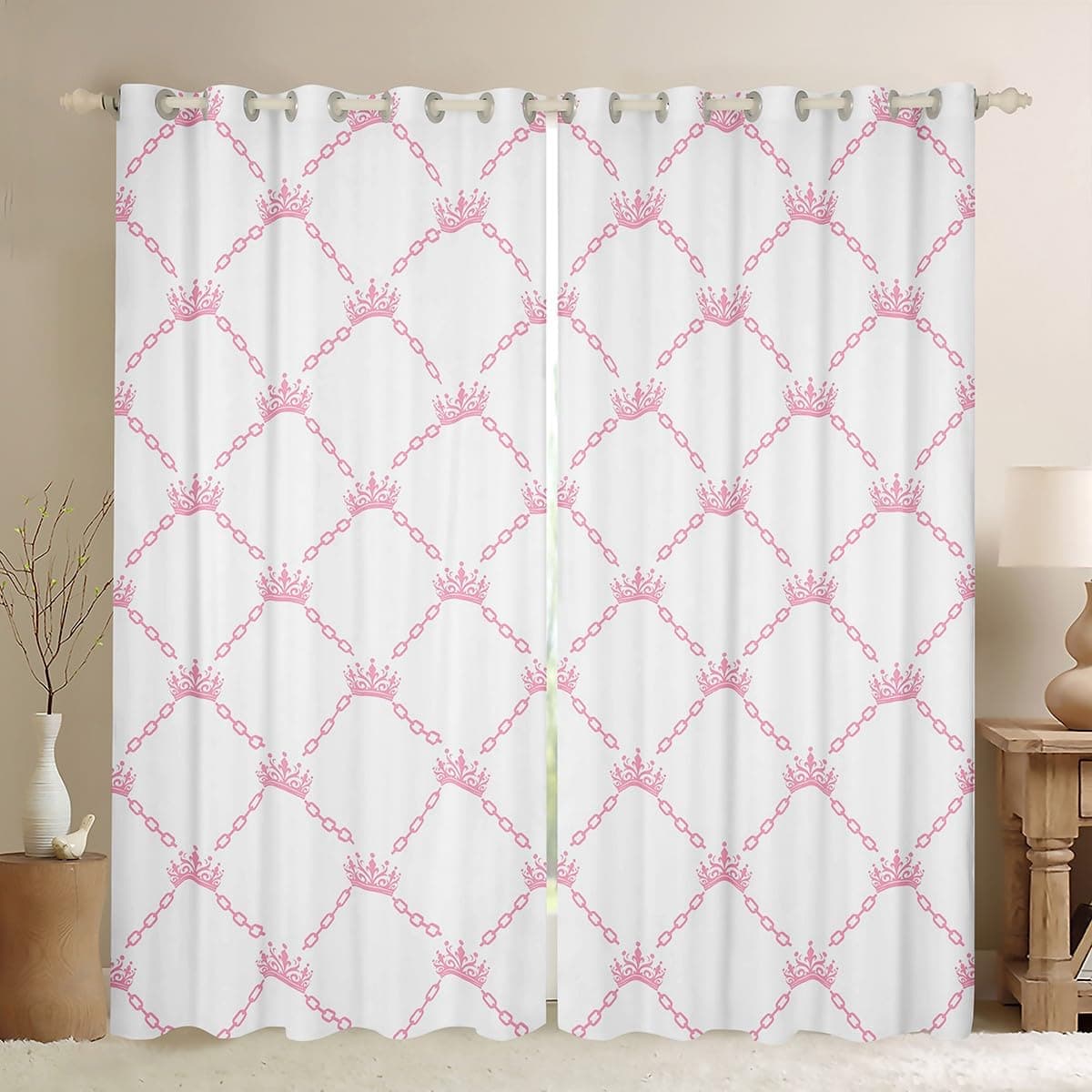 Manfei Cartoon Crown Kids Blackout Curtains,Cute Princess Romantic Tale Girls Window Drapes,Geometric Patchwork Abstract Pink White Window Treatments Grommet Top 2 Panel Set,52Wx84L inch