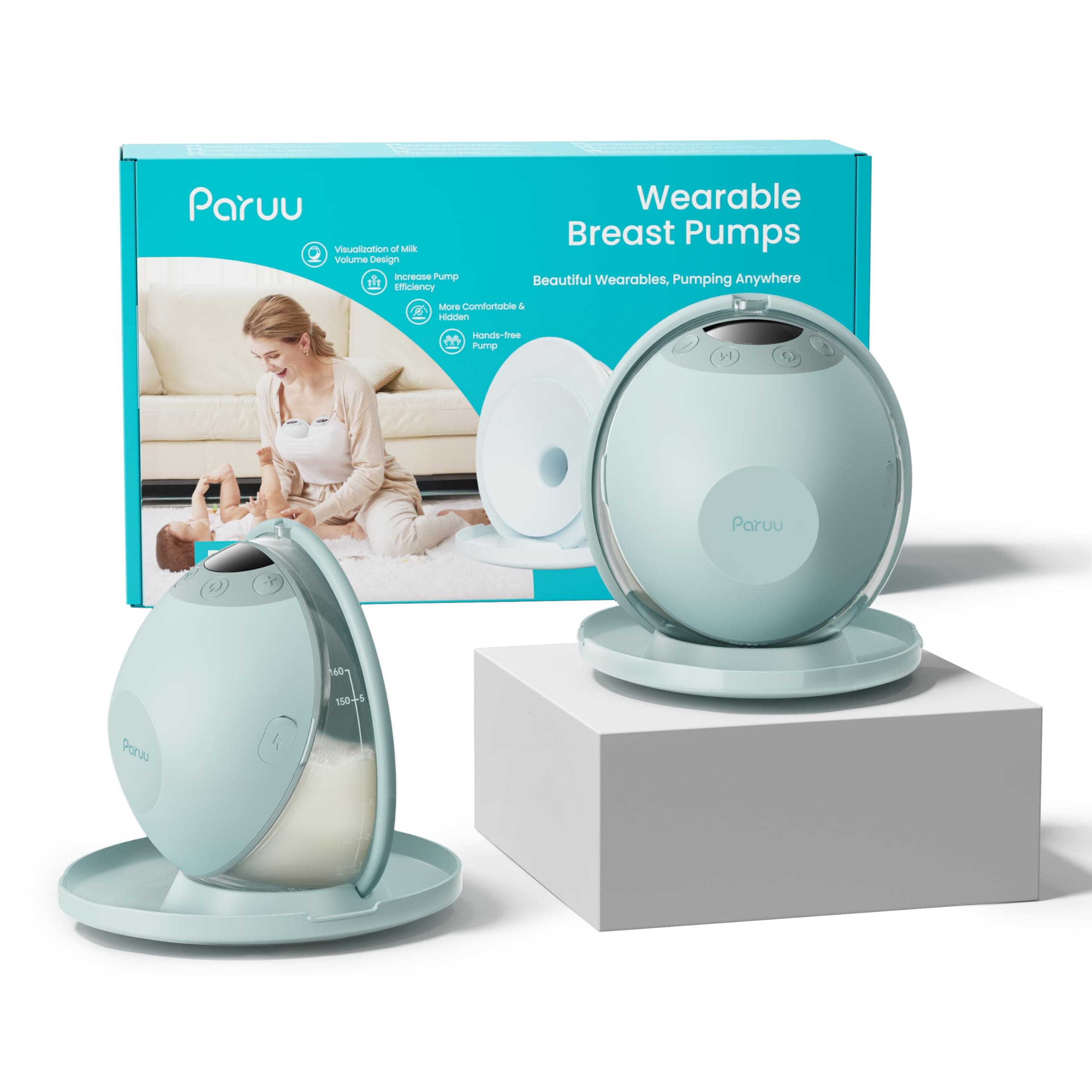 Paruu P20 Electric Breast Pump Hands Free, 4 Modes & 12 Levels Suction with 19/21/24mm Double-Sealed Flange/Insert, Wearable & Portable, Visual Design of Time and Milk Volume (Neutral Muted Green)
