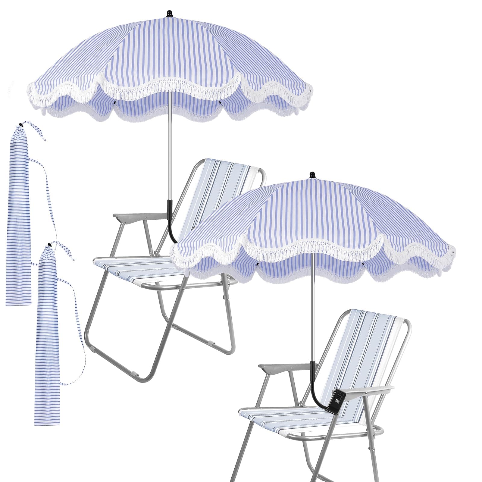 Abbylike 2 Pcs Scalloped Chair Umbrella with Universal Adjustable Clamp 38'' Portable Wheelchair Umbrellas UPF 50+ Camping Chairs Parasol with Bag for Patio Lawn(Chair Umbrella,Blue Striped Tassel)