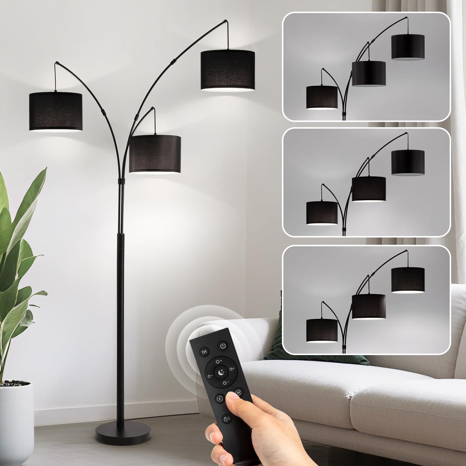 Fansdrick Floor lamp with Remote, 3 Light Arc Floor Lamps for Living Room, 2400LM Tall Standing Floor Lamps with Black Shades, 80" Large Floor Lamp for Bedroom, Office