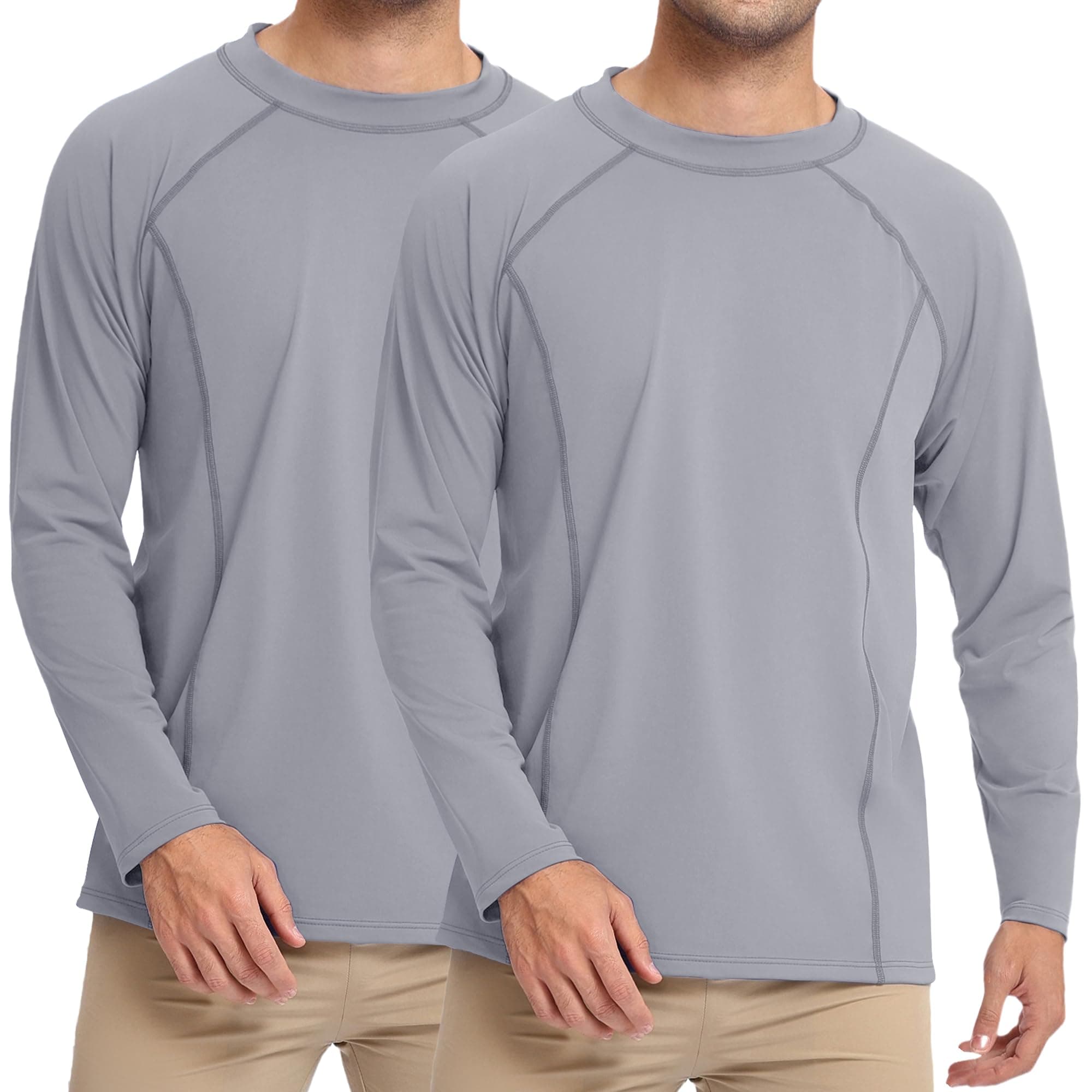 Bombrooster 2 Pack UPF 50+ Mens Swim Shirt Long Sleeve Rash Guard – Moisture Wicking, Cooling Nylon for Sun Protection & Outdoor Activities Light Gray